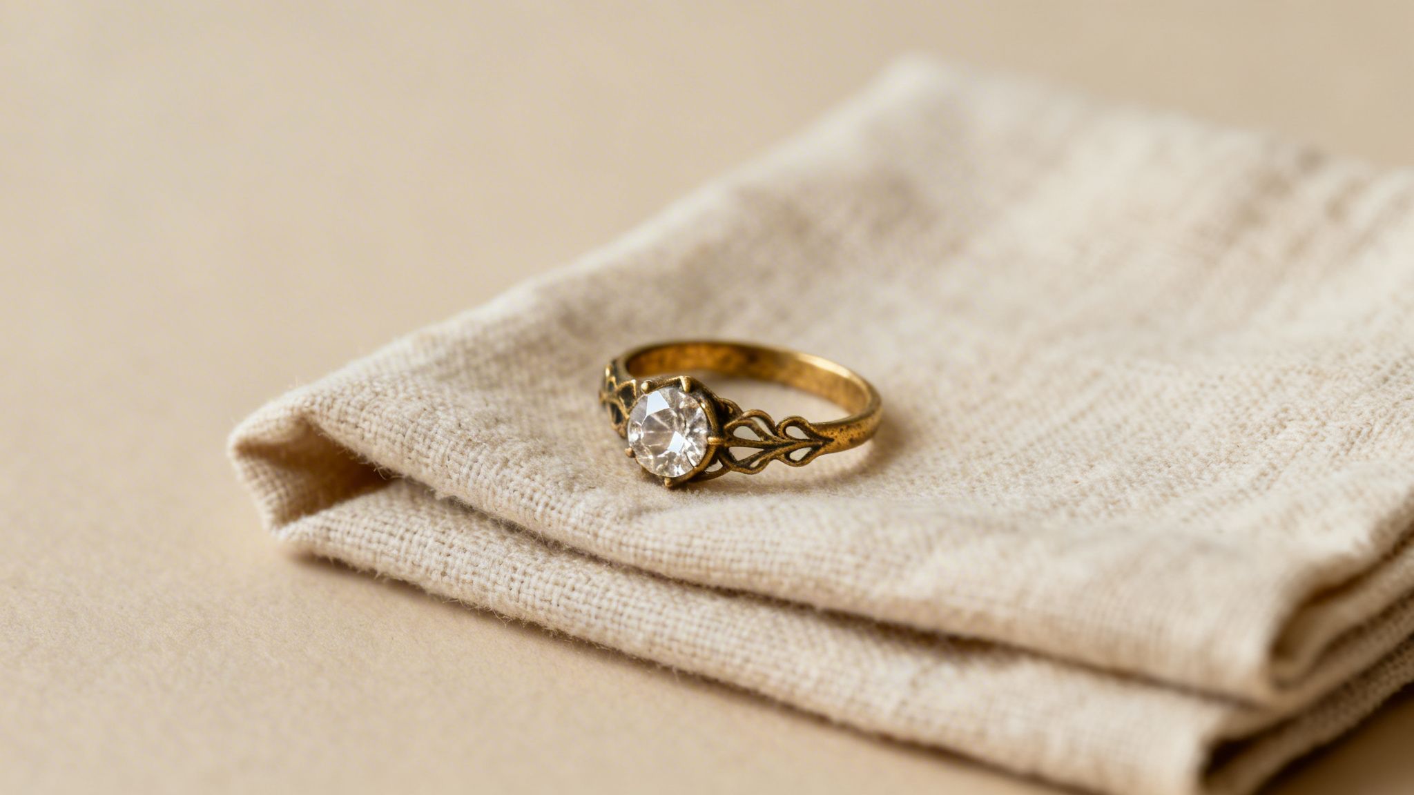 Close-up of a vintage golden ring with a prominent clear gemstone resting on beige fabric.