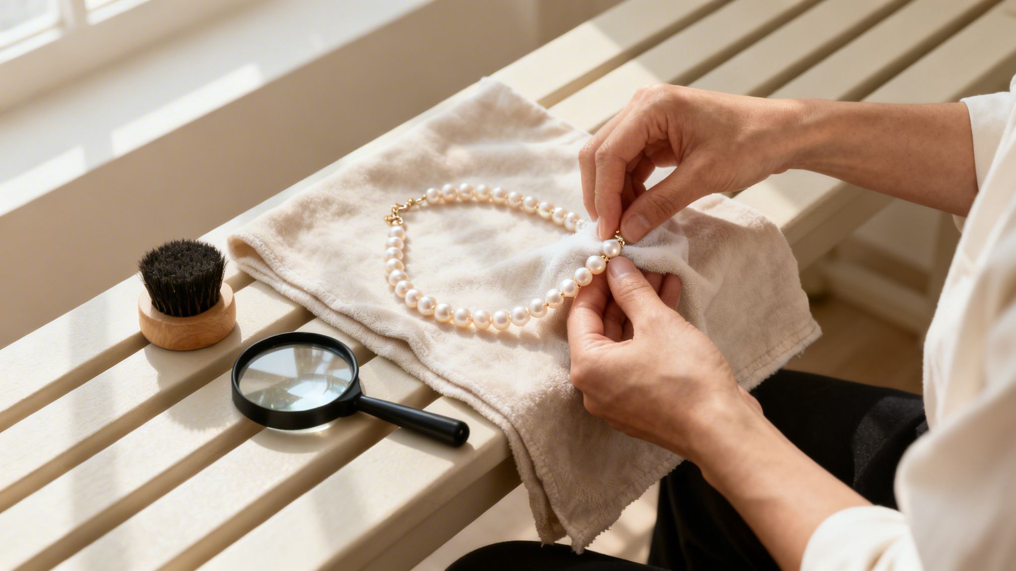 Hands polishing a pearl necklace on a beige cloth next to a magnifying glass and brush.