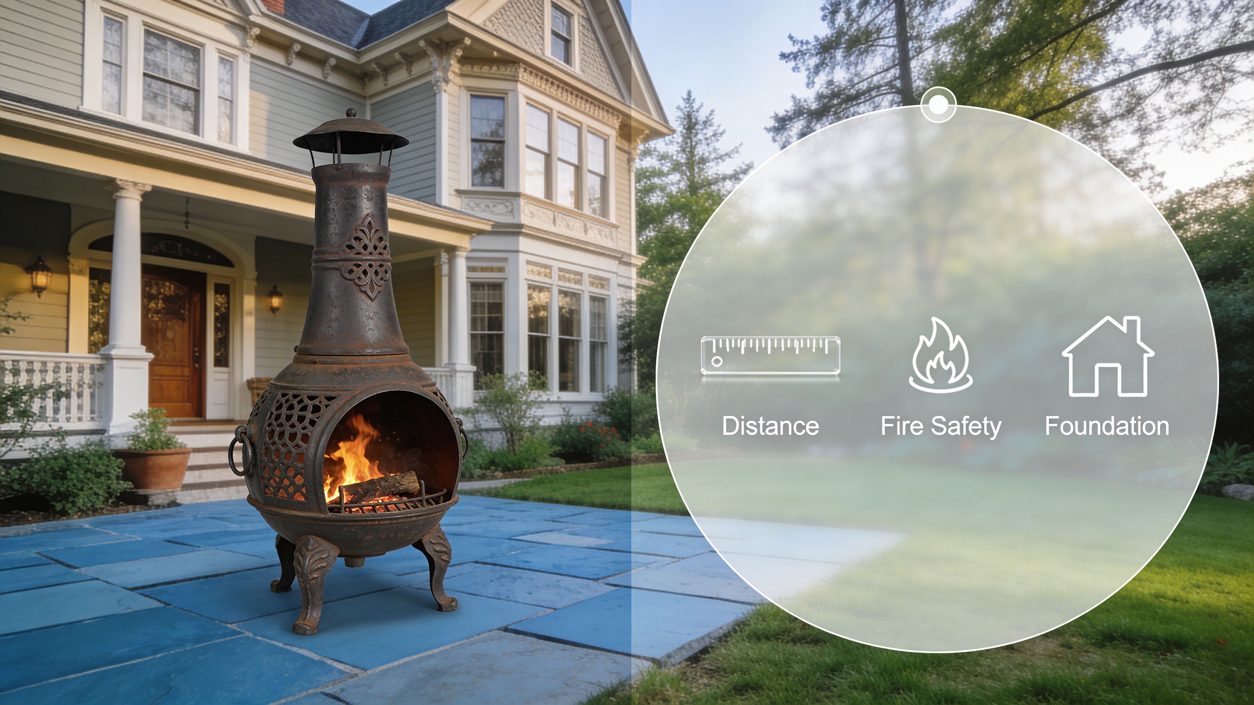 A rustic cast iron chiminea with a burning fire placed on a blue stone patio near a house.