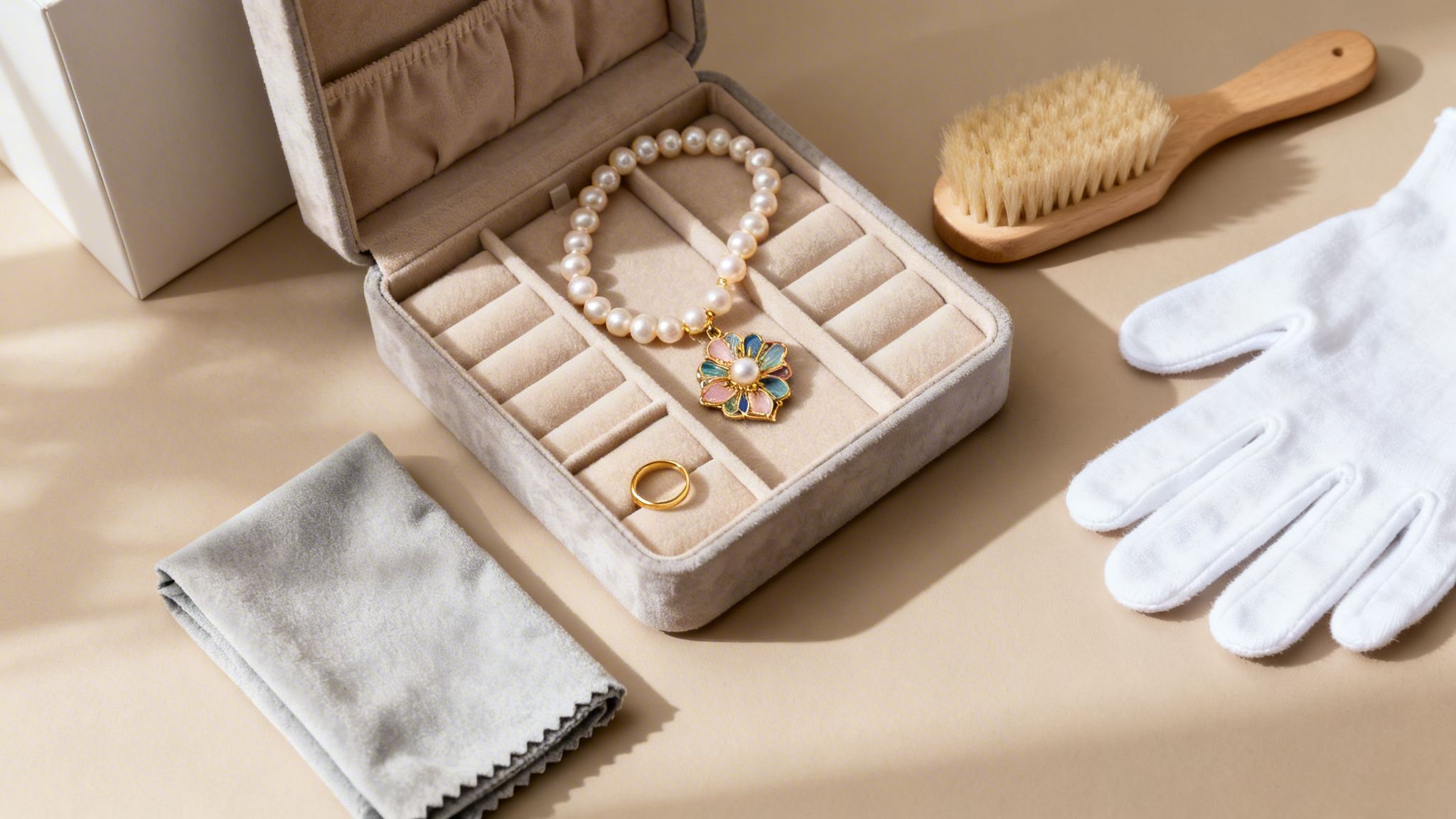 Jewelry care essentials including a pearl bracelet in a velvet box, ring, cleaning brush, gloves, and cloth.