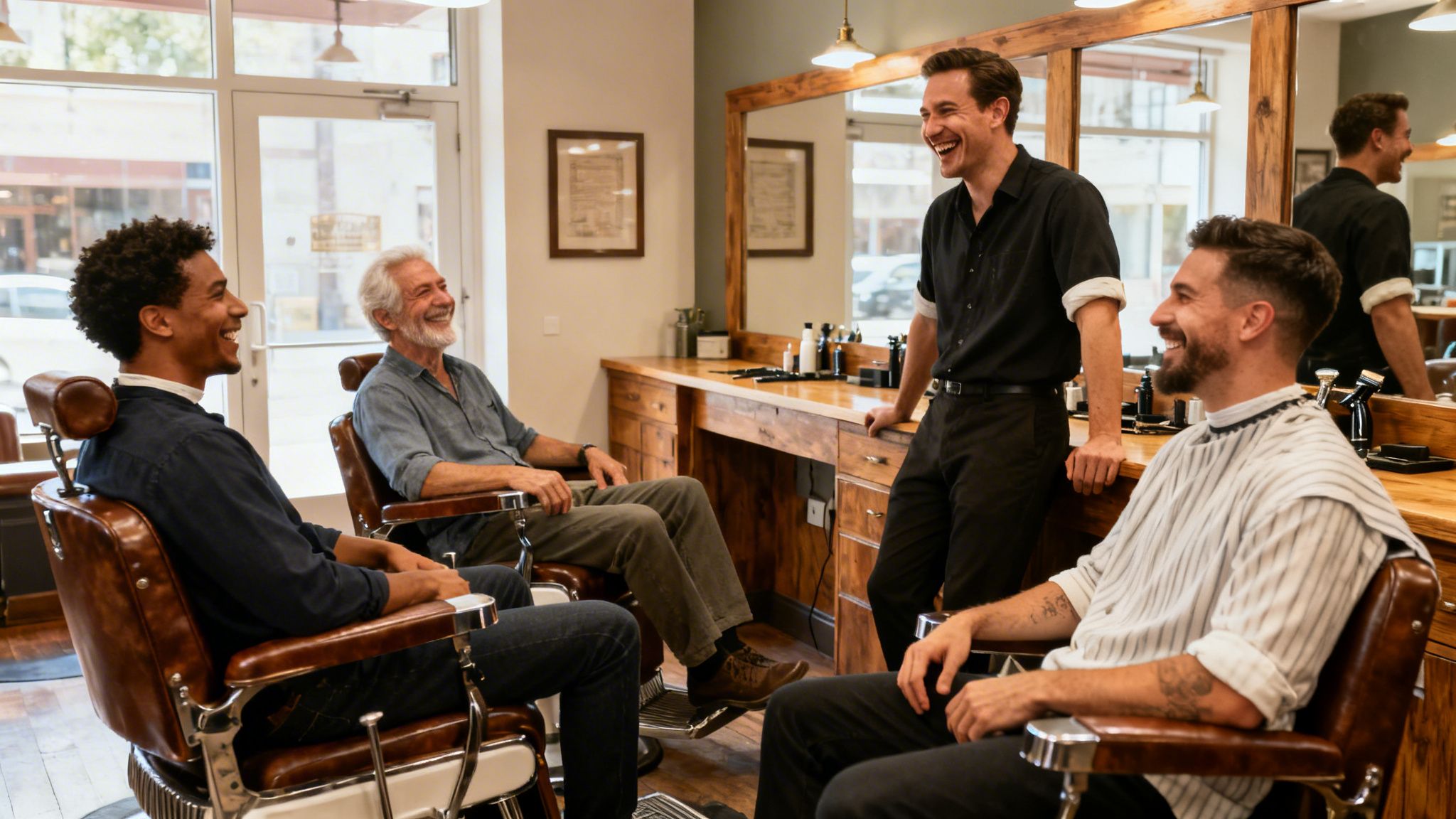 A friendly barber laughs while engaging in conversation with three male clients in his barbershop.