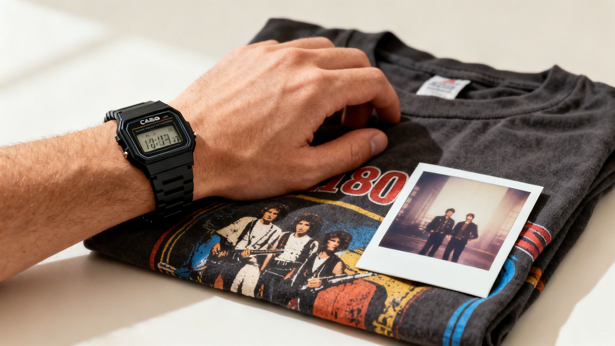 Casio vintage digital watch on wrist with retro band, hand resting on graphic t-shirt featuring 80s rock band, and instant photo placed nearby, evoking nostalgia for 80s and 90s culture.