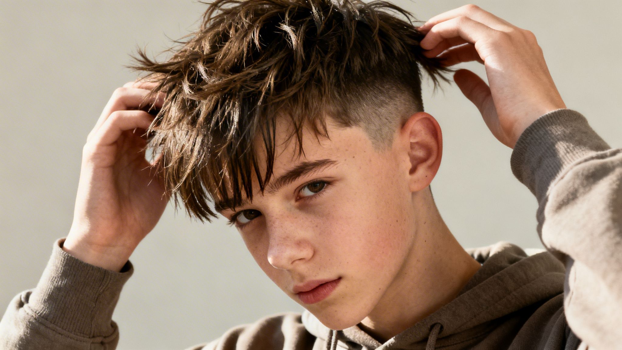 A teenage guy with a modern haircut looks at the camera while styling his hair.