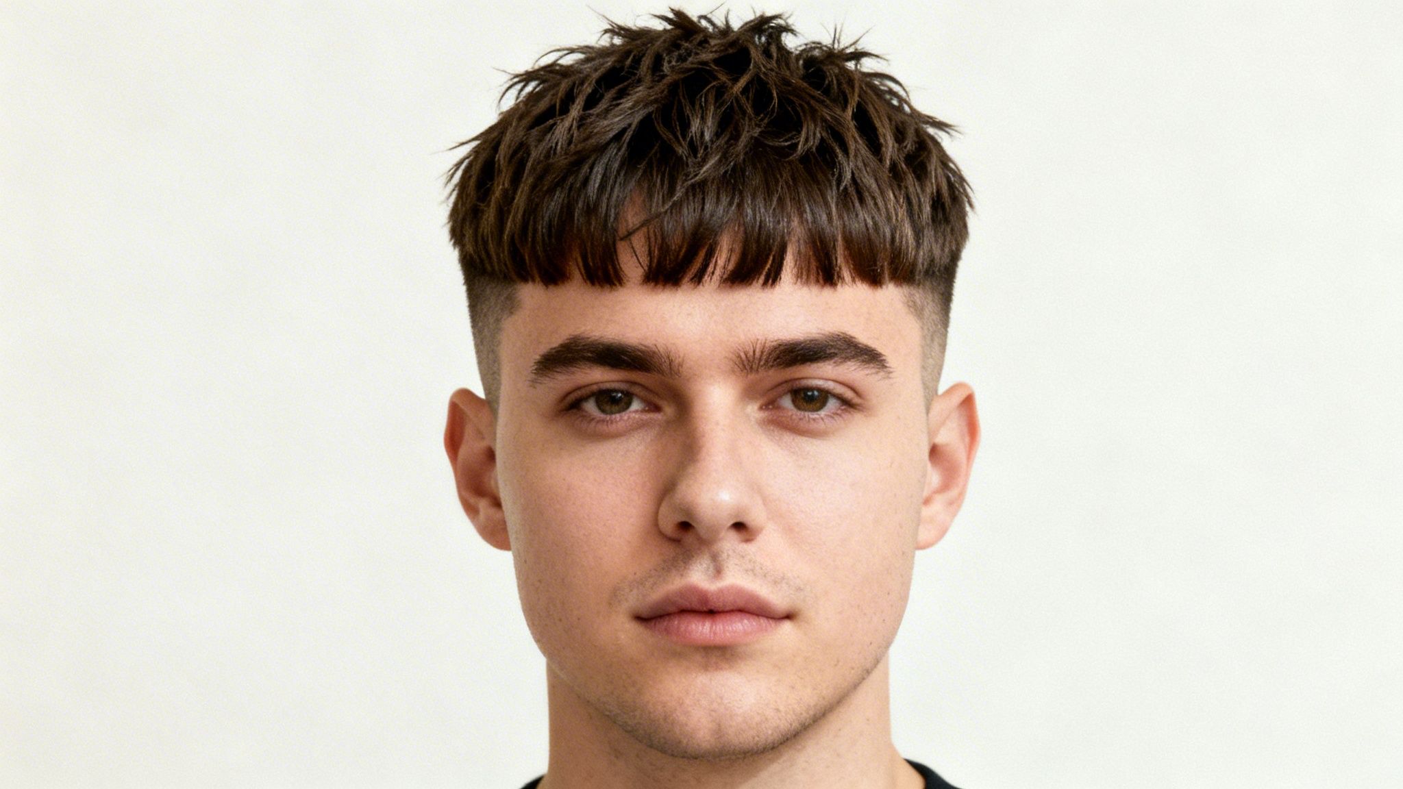 A young man with dark brown textured hair and a short fringe looking directly at the camera.