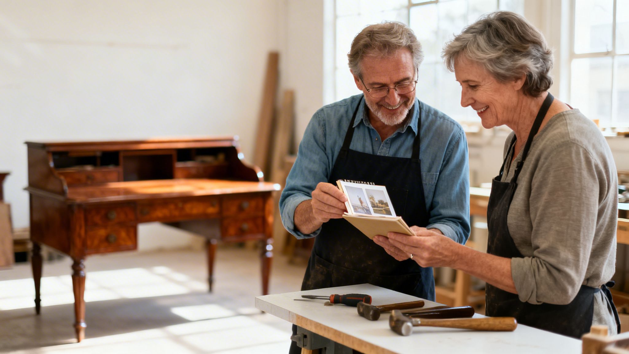 Two smiling senior artisans in aprons look at a photo album in a bright workshop.