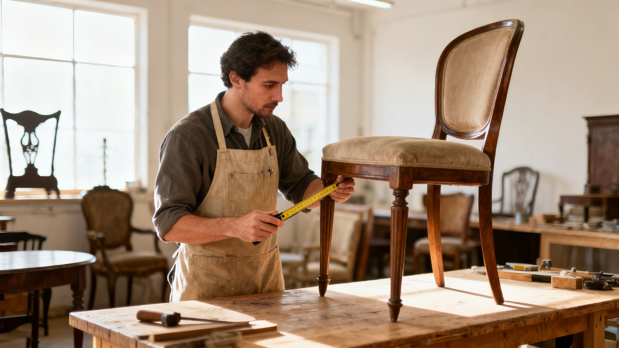 A skilled craftsman measures the leg of an antique wooden chair with a tape measure in his workshop.