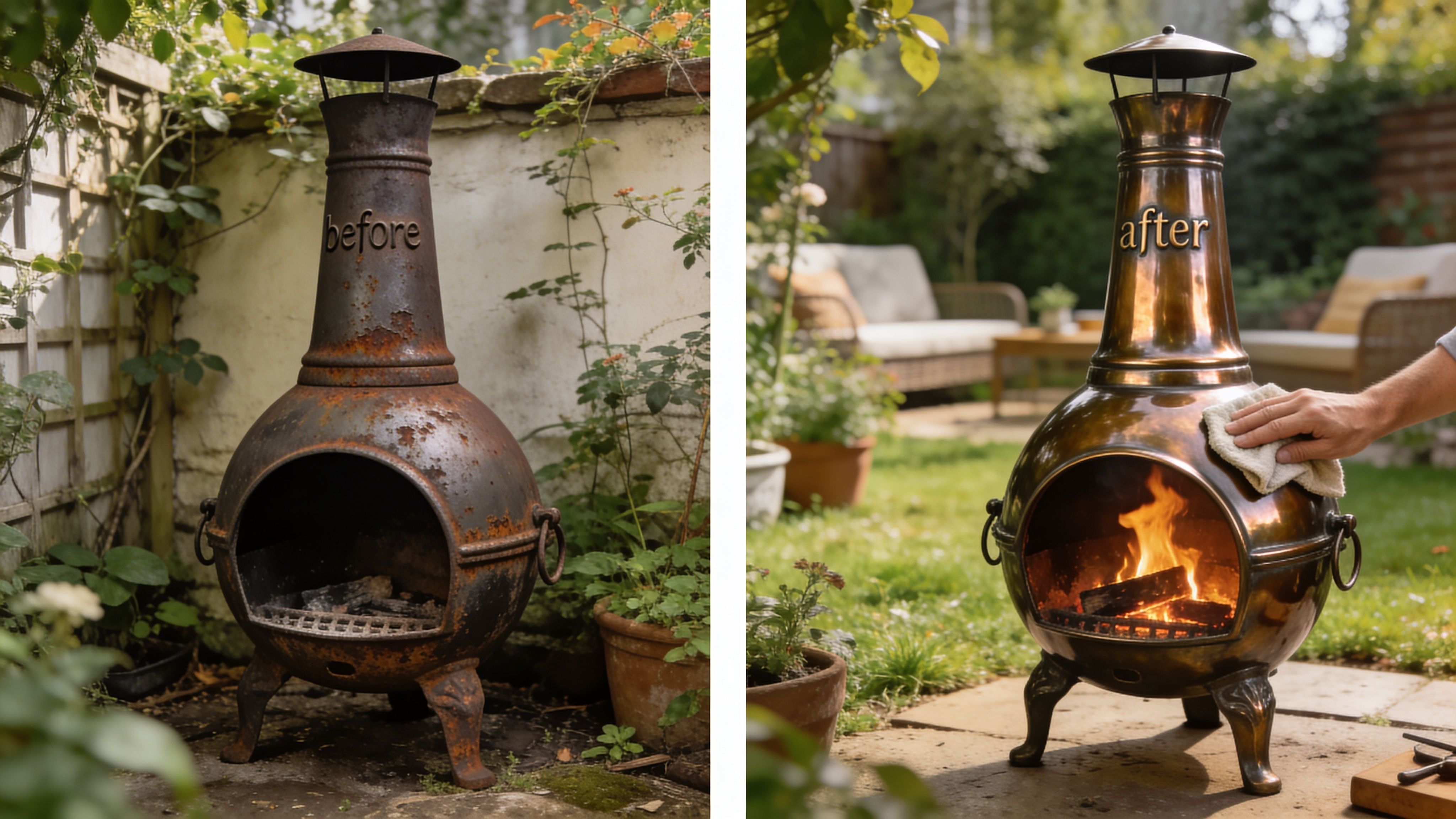 A split image showing a rusted, weathered cast iron chiminea before and after it was restored to shine.