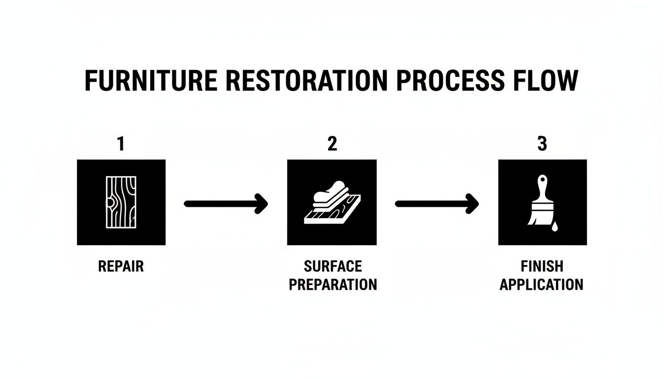 A furniture restoration process flow diagram illustrating three key steps: repair, surface preparation, and finish application.