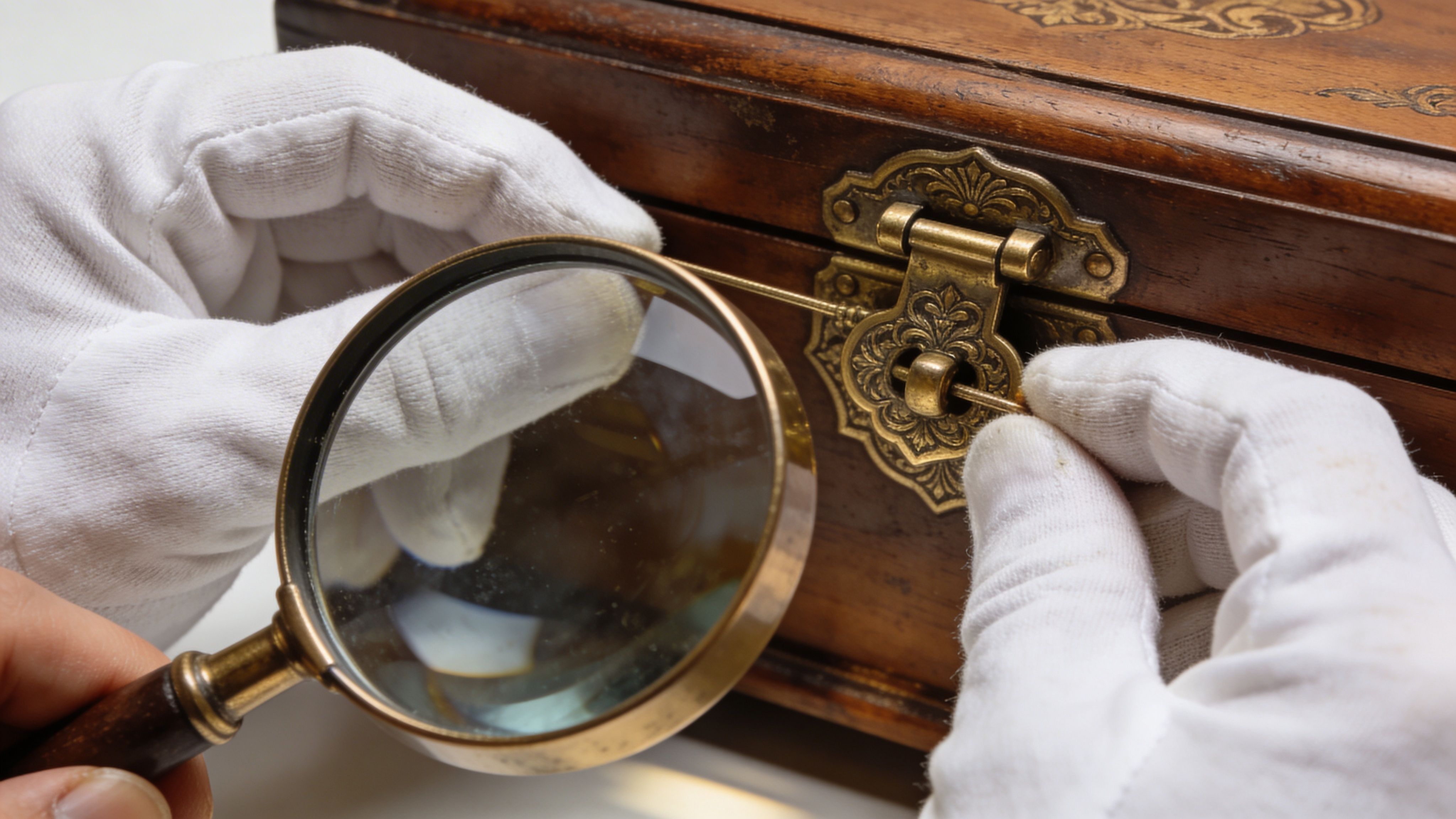 A person wearing white gloves examines the brass latch of an antique wooden jewelry box with a magnifying glass.