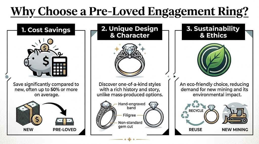 An infographic titled Why Choose a Pre-Loved Engagement Ring listing benefits like cost savings, unique design, and sustainability.