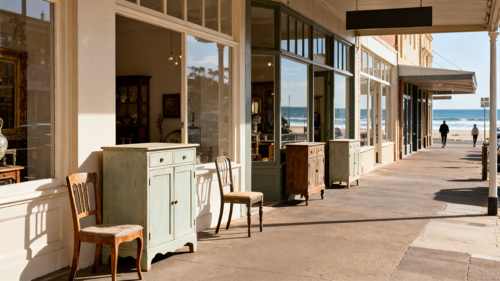 Antique furniture displayed outside shops on a sunny coastal street with ocean in background.