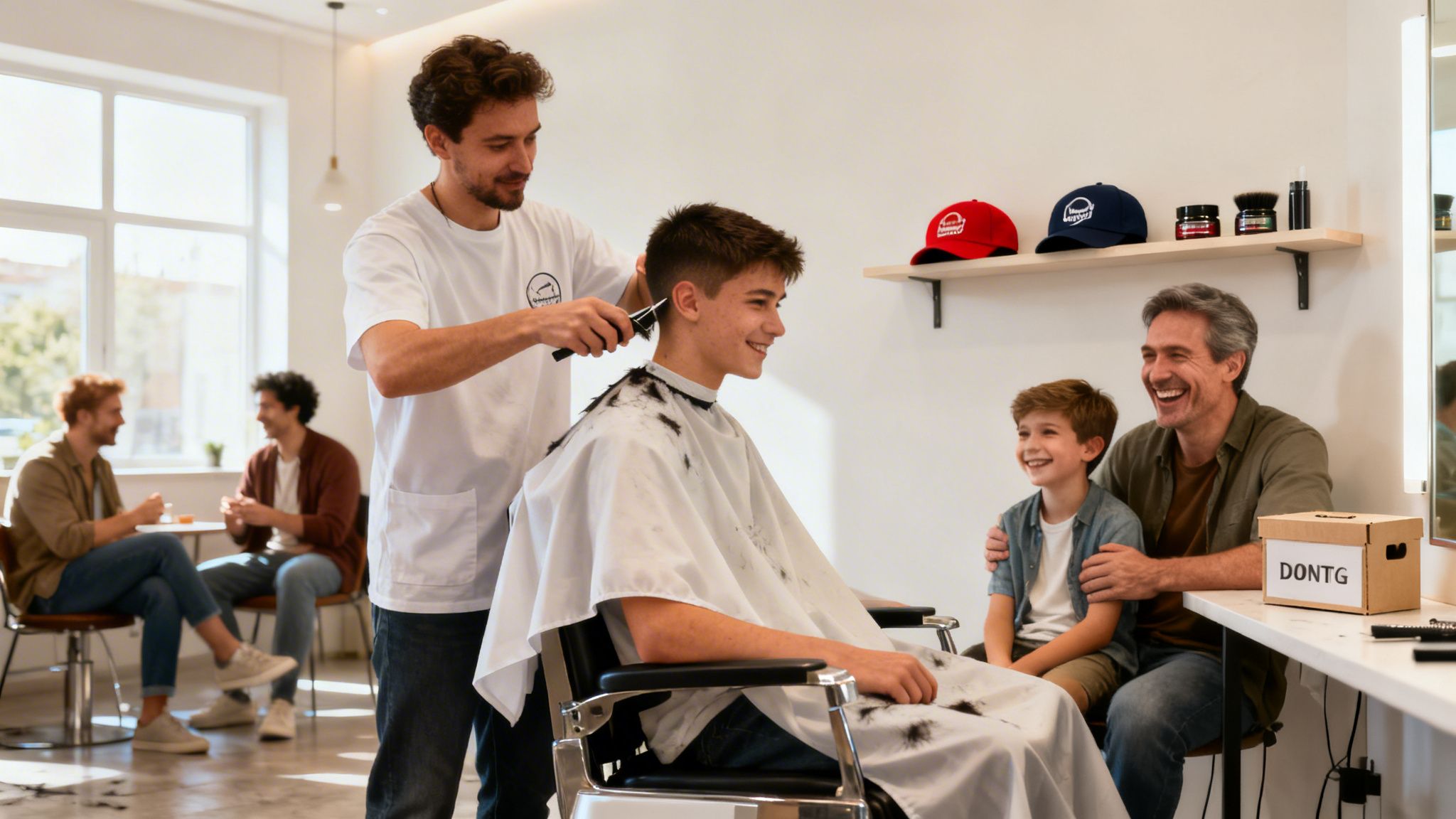 A barber gives a haircut to a smiling young man, while a father and son laugh beside him in a busy barbershop.