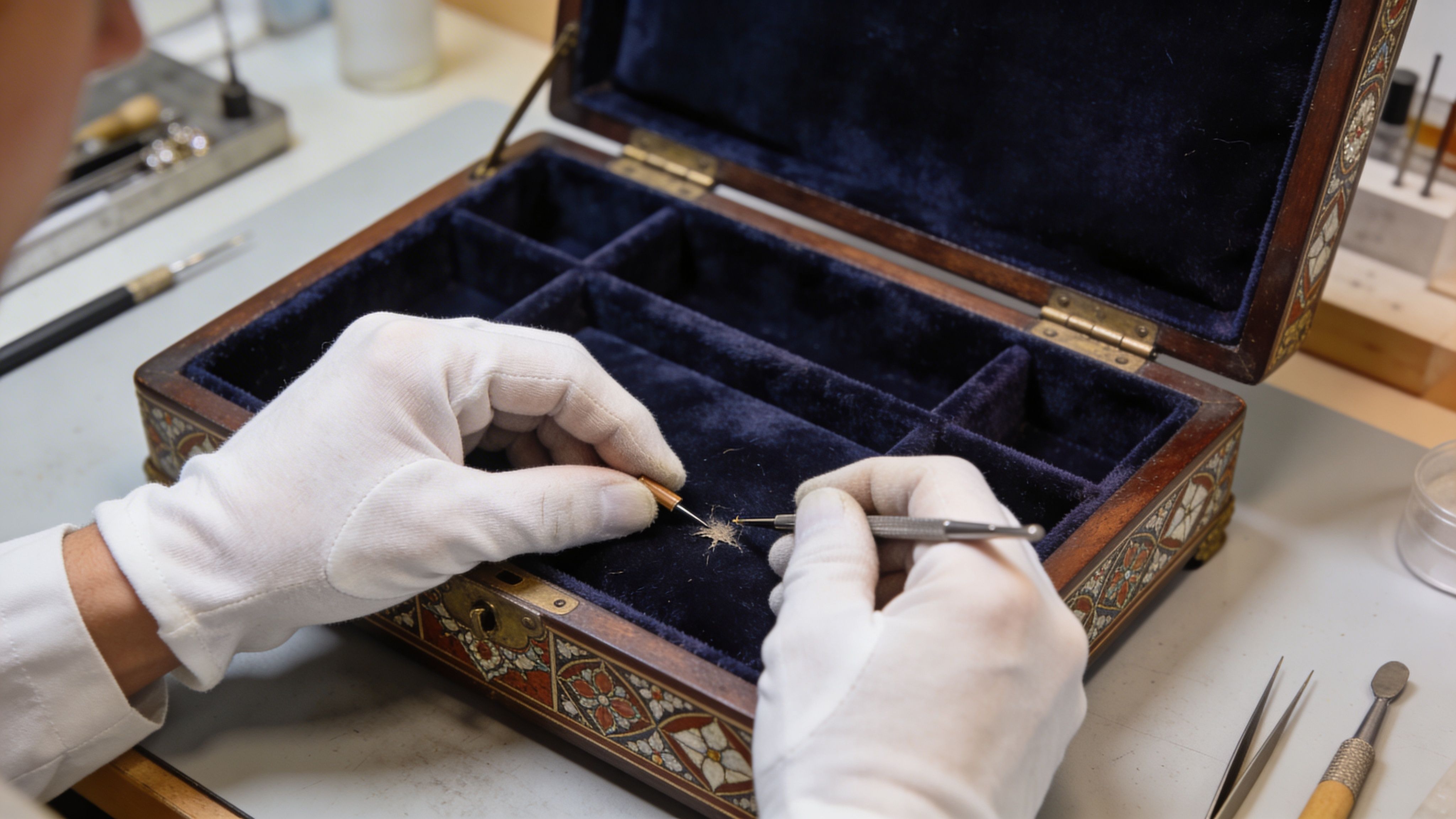 A professional artisan wearing white gloves carefully works on an intricate antique wooden jewelry box.