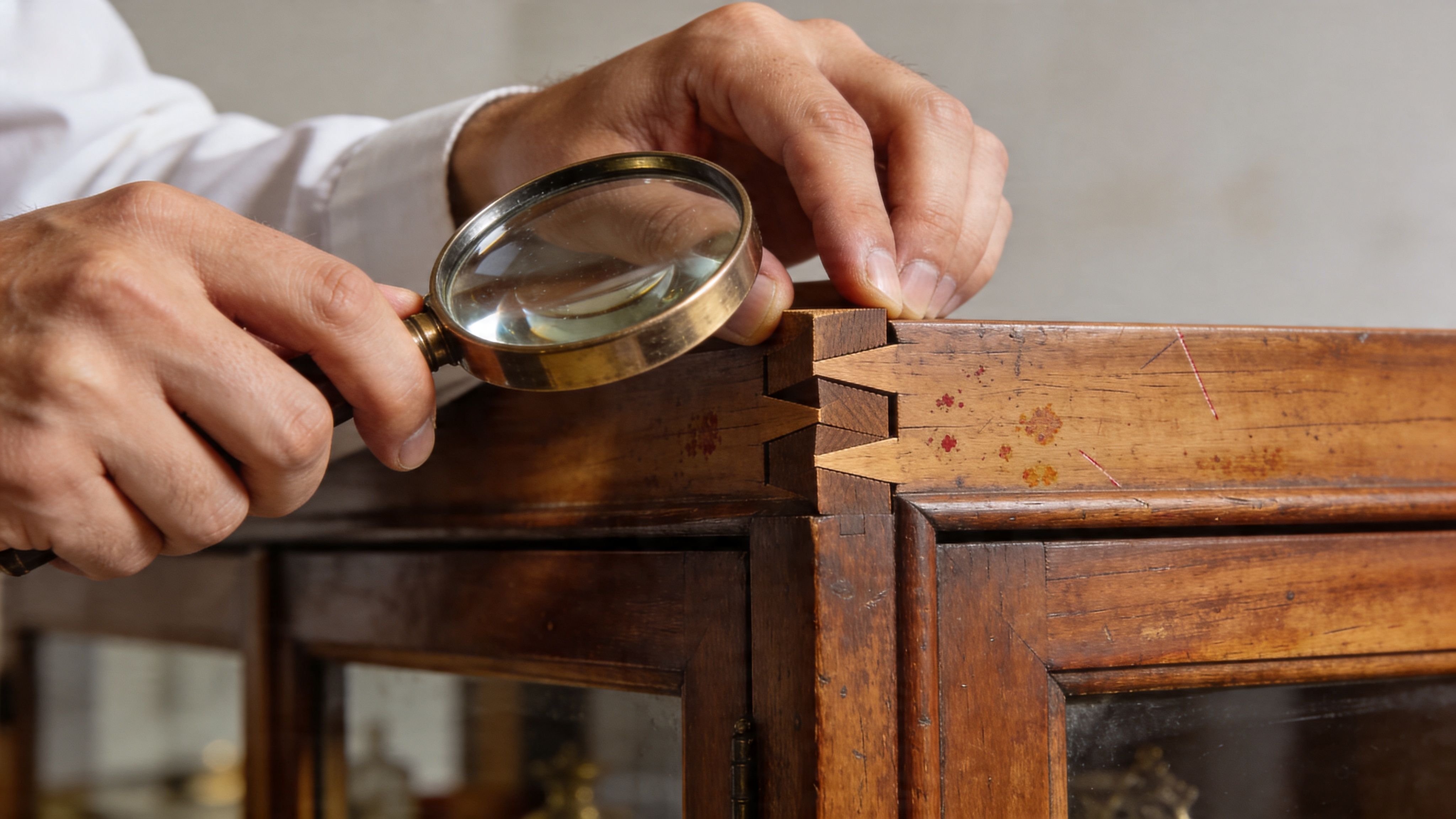 A close up view of an antique wooden display cabinet being inspected with a magnifying glass.