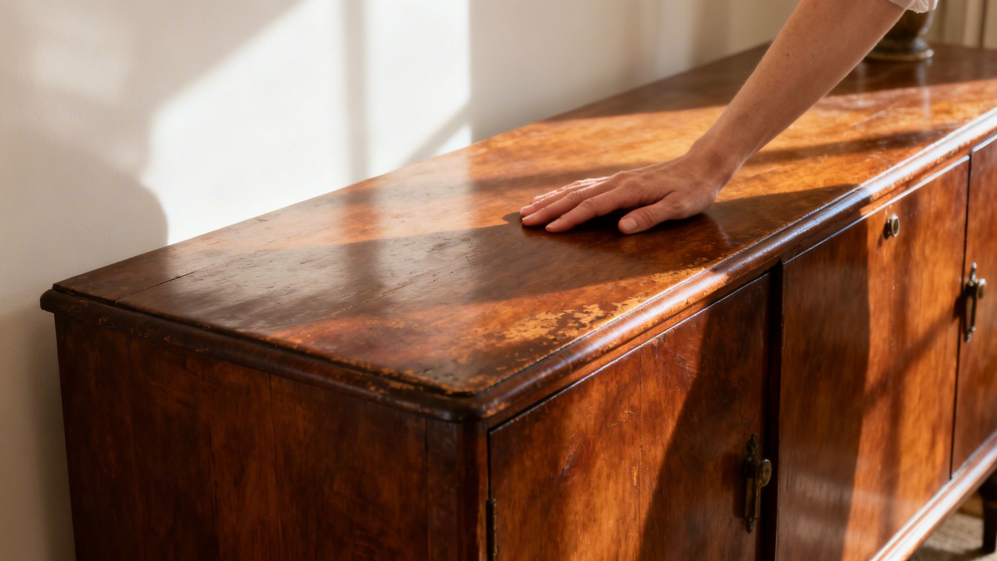 A hand gently touches the worn, wooden surface of an antique dresser, bathed in sunlight.