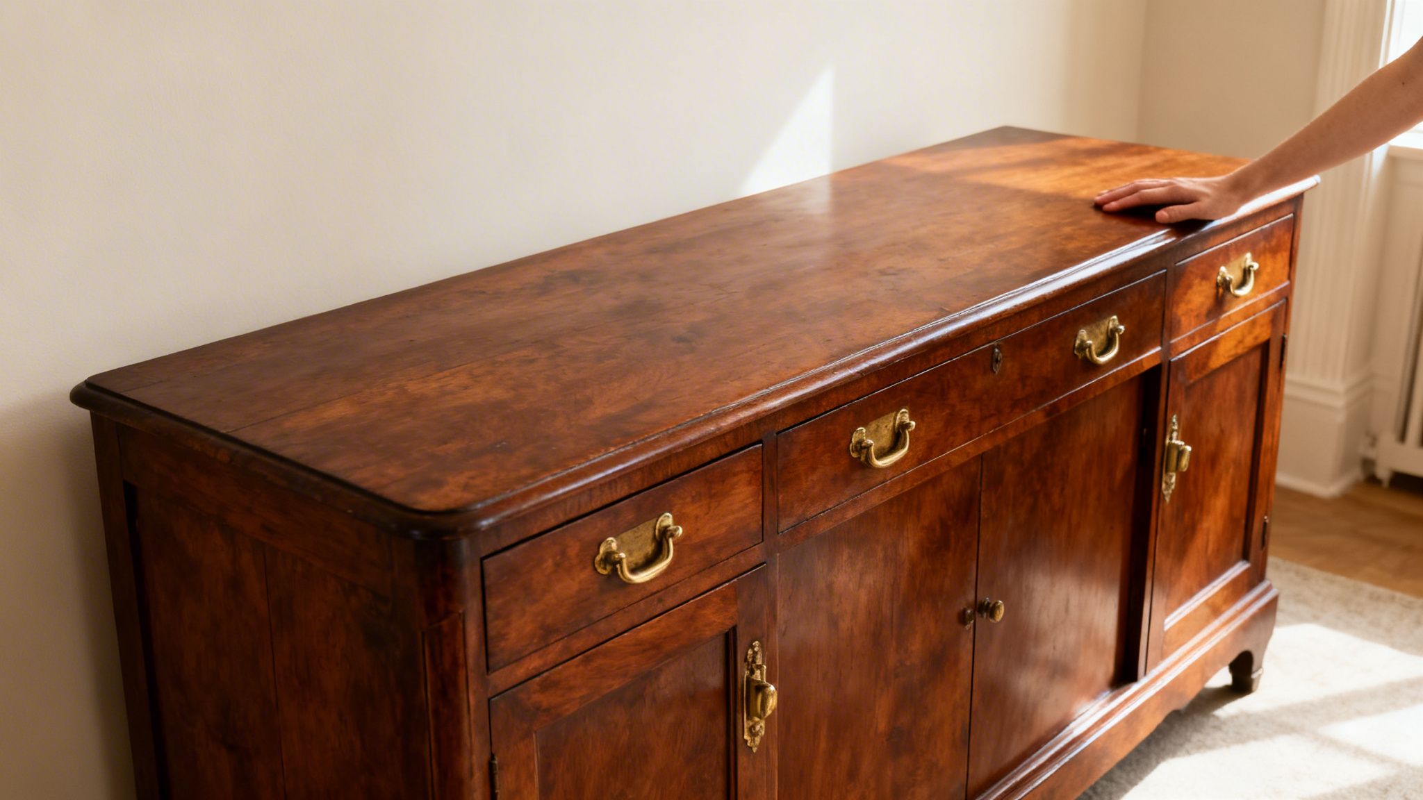 Wooden sideboard with brass handles, showcasing antique craftsmanship, reflecting the importance of restoration in preserving family history and furniture character.