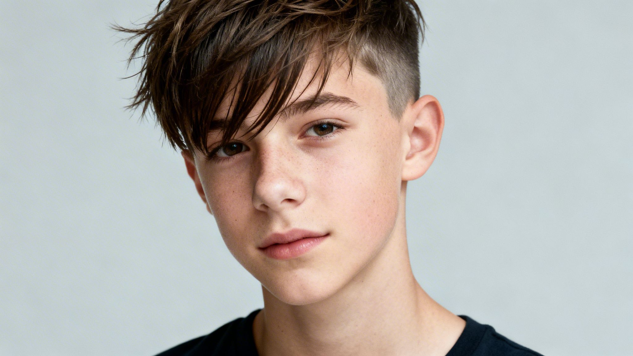 Close-up portrait of a teenage boy with a stylish brown haircut, brown eyes, and light freckles.