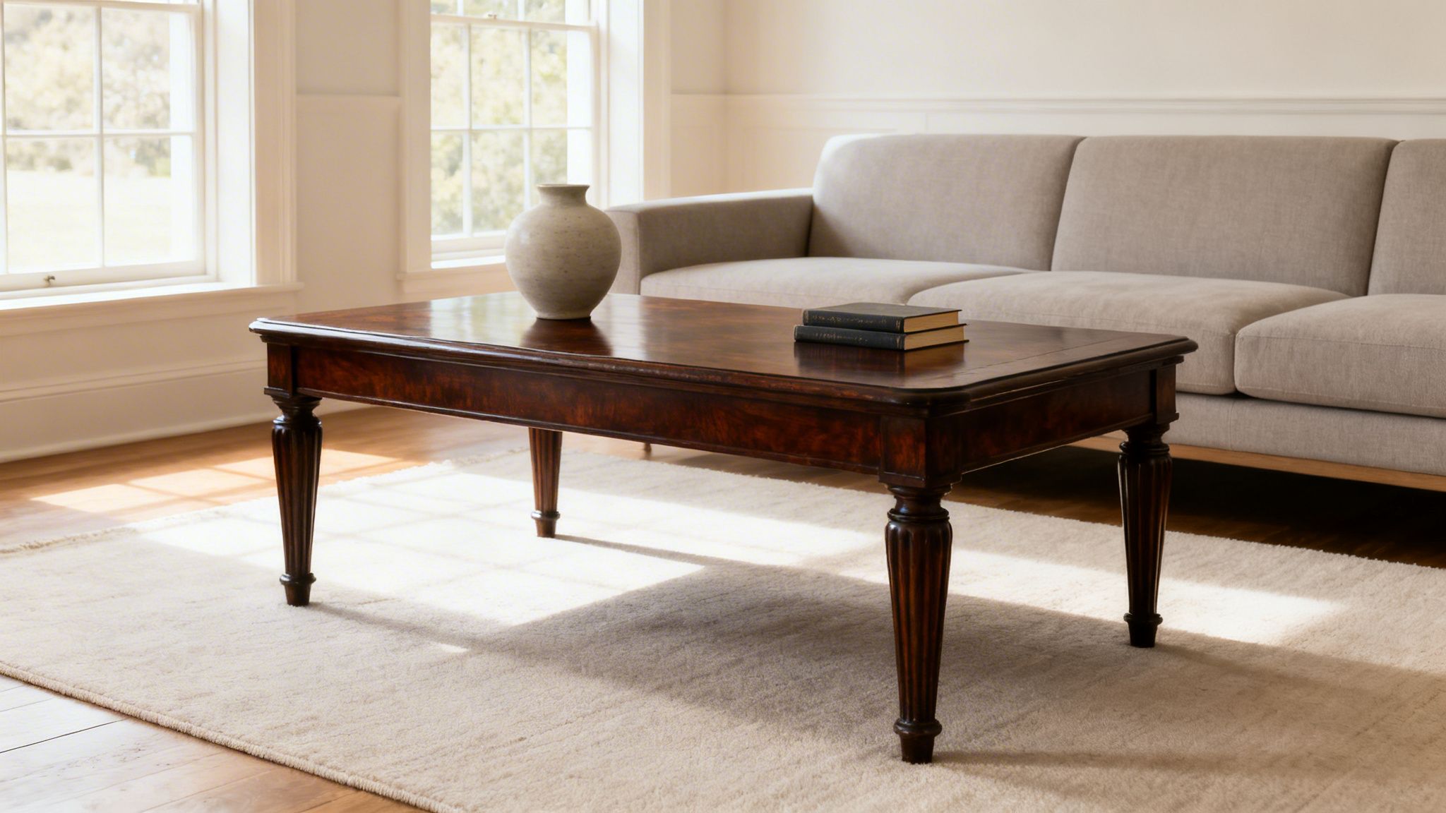 An antique dark wood cocktail table adorned with a vase and books, in a sunlit living room with a beige sofa.