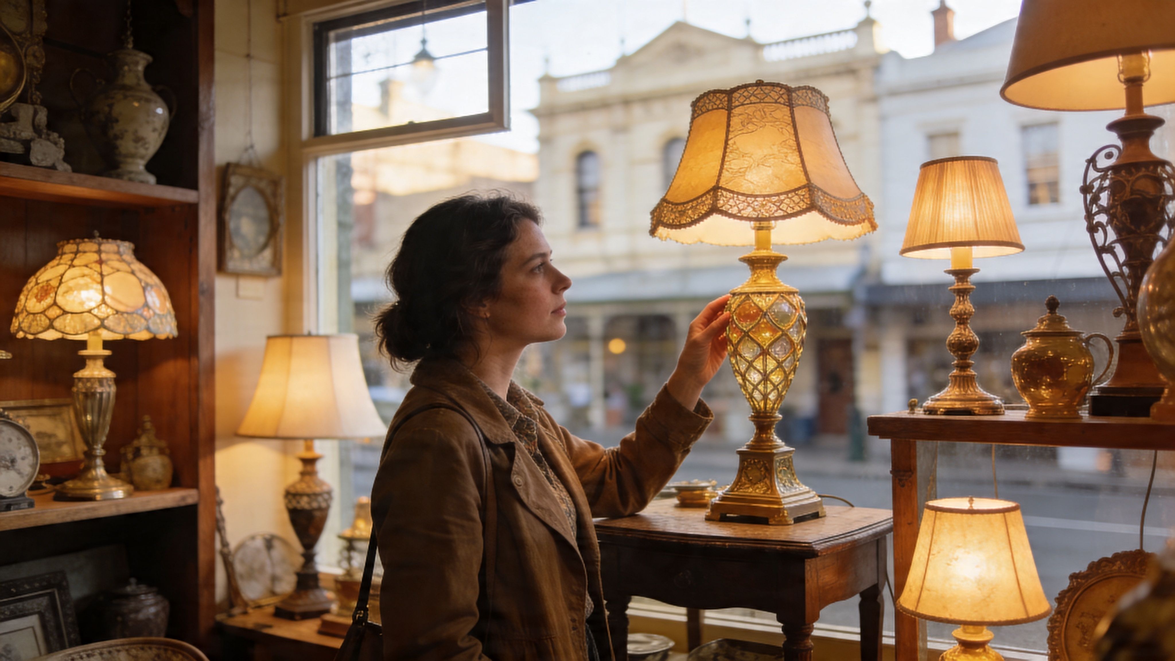 A woman admiring a vintage table lamp inside a shop with a street view in the background.