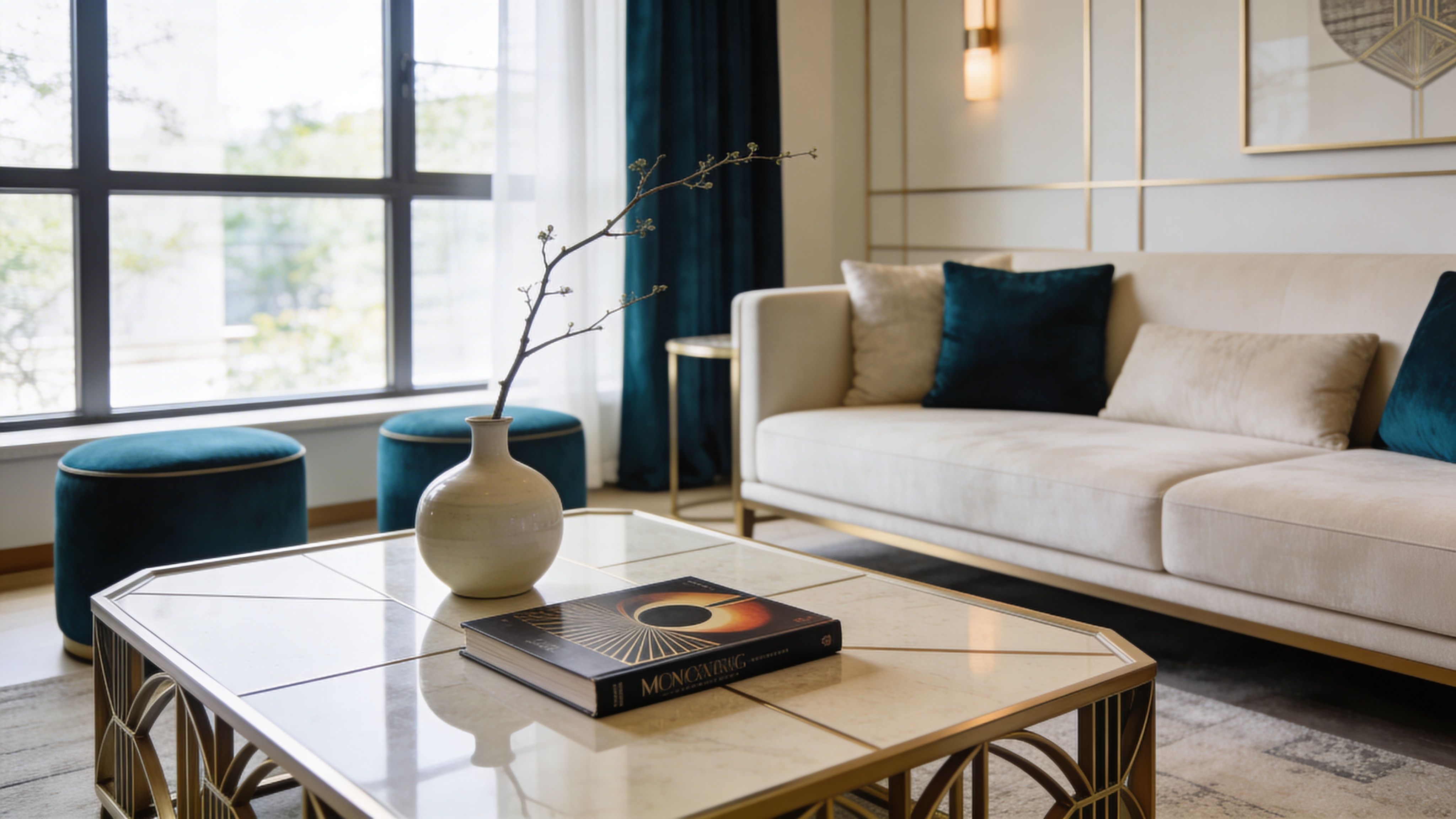 A luxurious living room featuring an Art Deco marble coffee table with a book and vase.