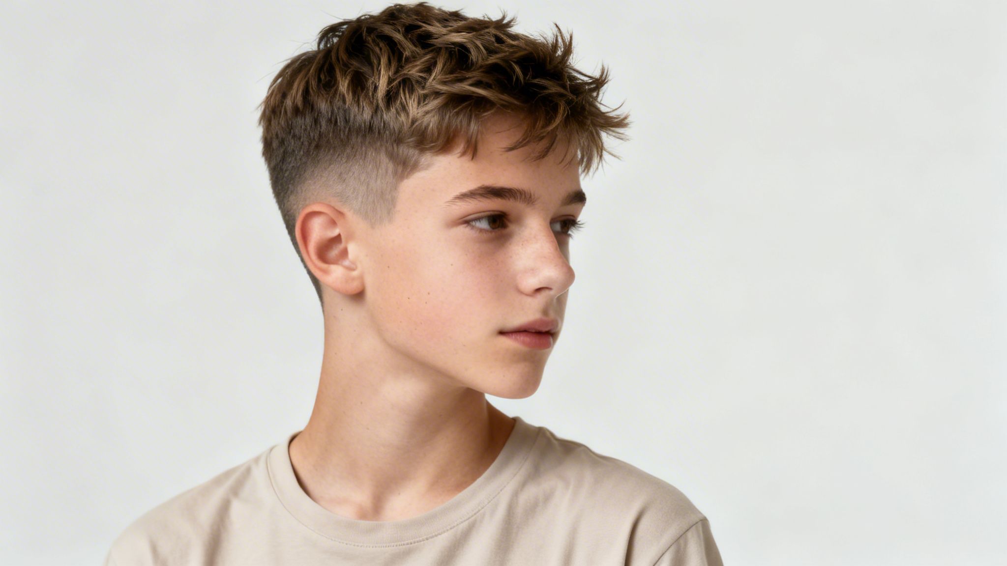 A young boy with a modern messy haircut and fade, wearing a beige t-shirt.