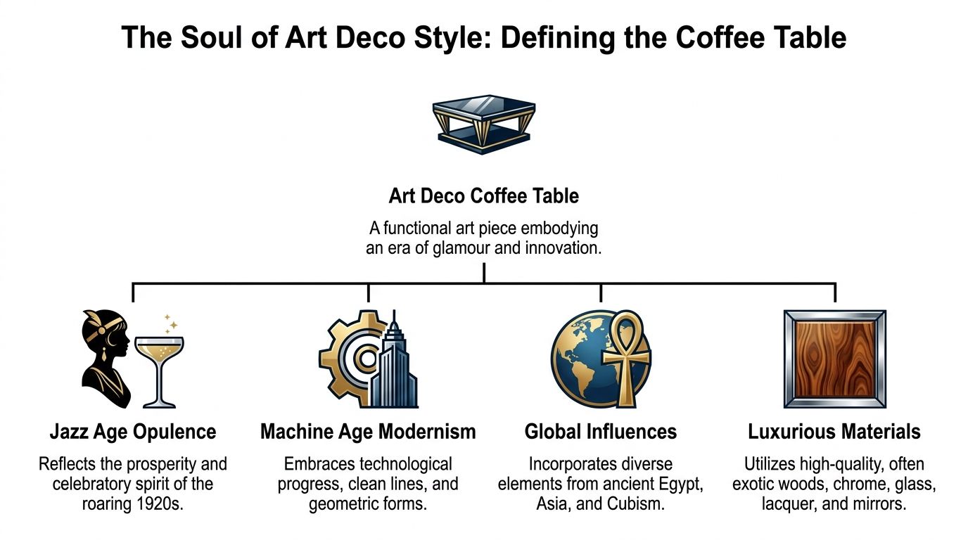 An infographic diagram outlining the four core defining characteristics of the classic Art Deco coffee table style.