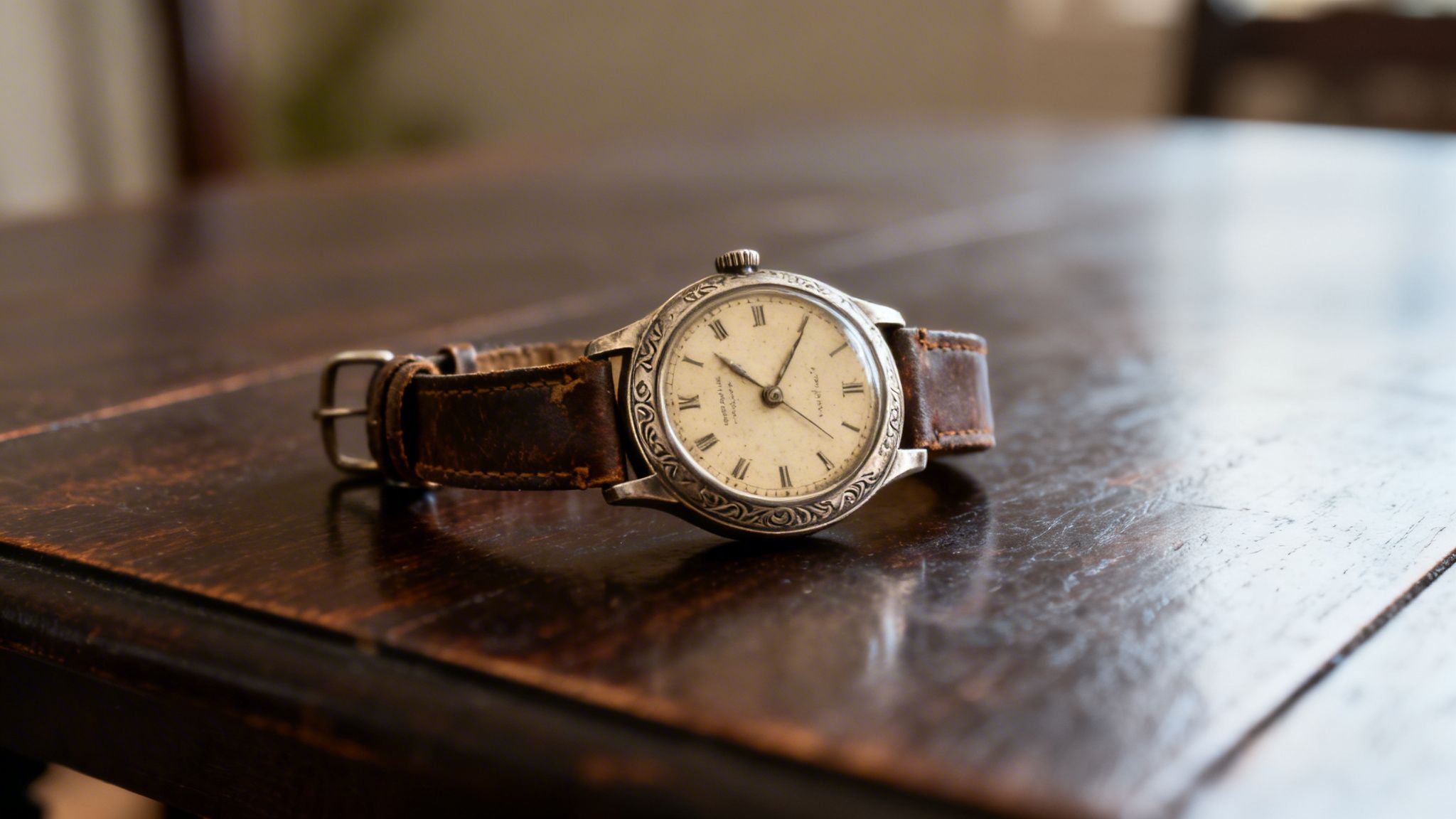 An antique wristwatch with an ornate metal case and brown leather strap on a dark wooden table.