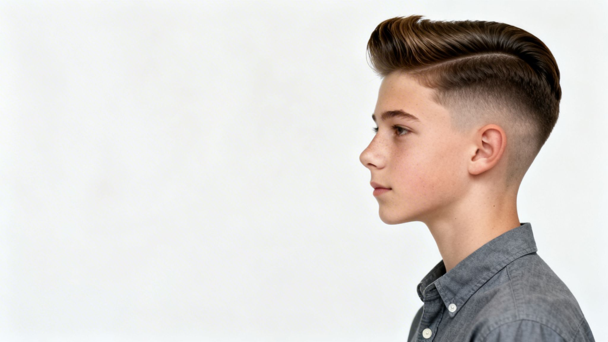 Side profile of a teenage boy with a modern fade haircut and a stylish pompadour.