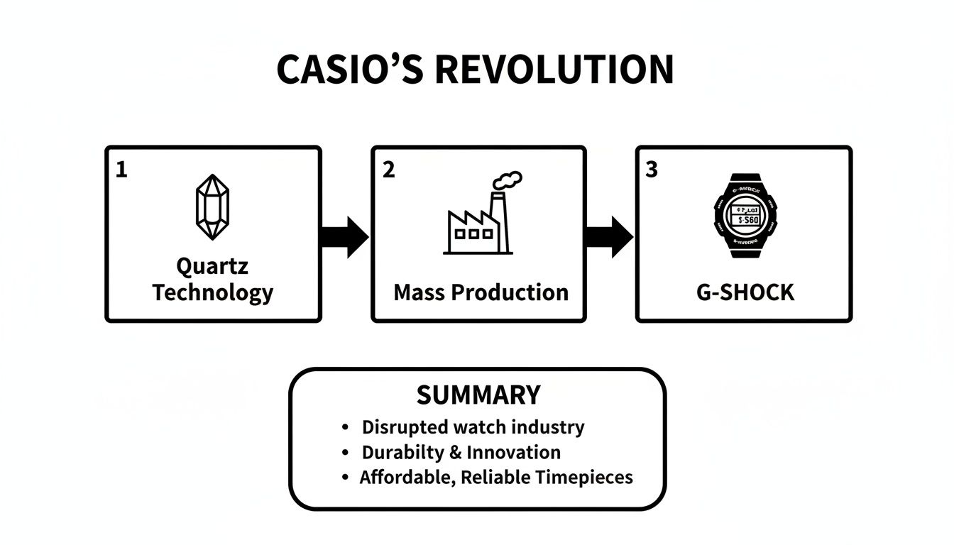 Casio's revolution infographic illustrating quartz technology, mass production, and G-SHOCK watch, highlighting durability, innovation, and affordability in vintage timepieces.