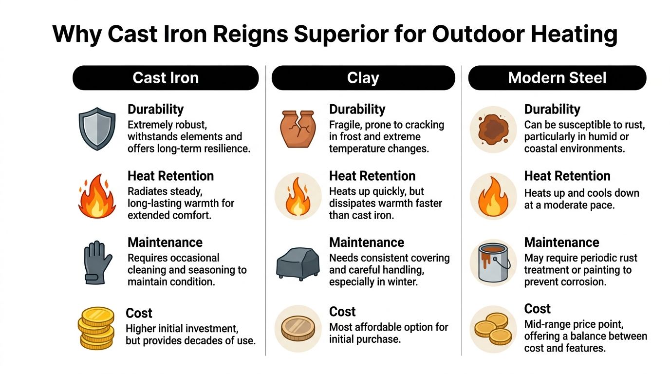 A comparison chart showing why cast iron is superior for outdoor heating compared to clay and modern steel.