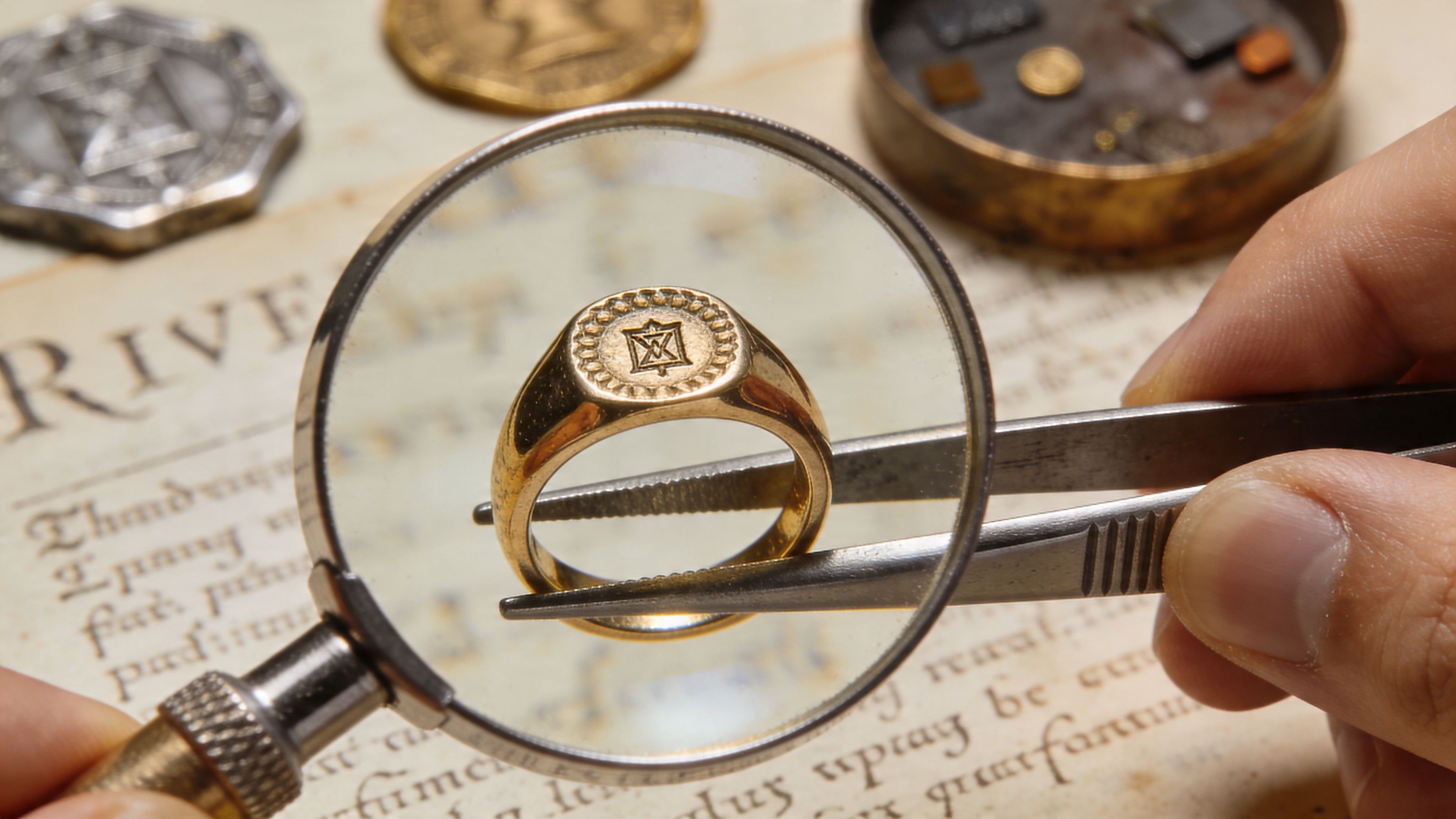 A close-up view of a gold signet ring being inspected with a magnifying glass over old manuscript pages.