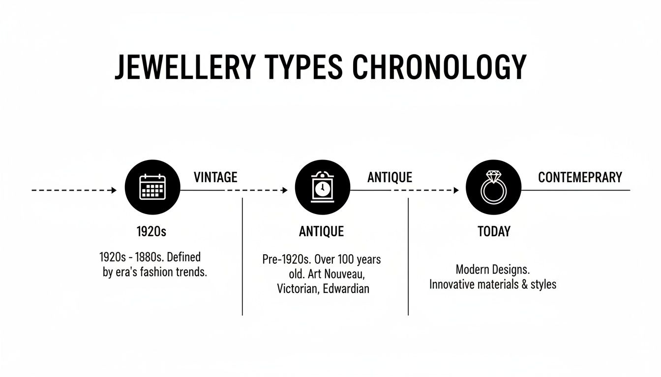 Timeline graphic illustrating jewellery types chronology: Vintage, Antique, and Contemporary styles.