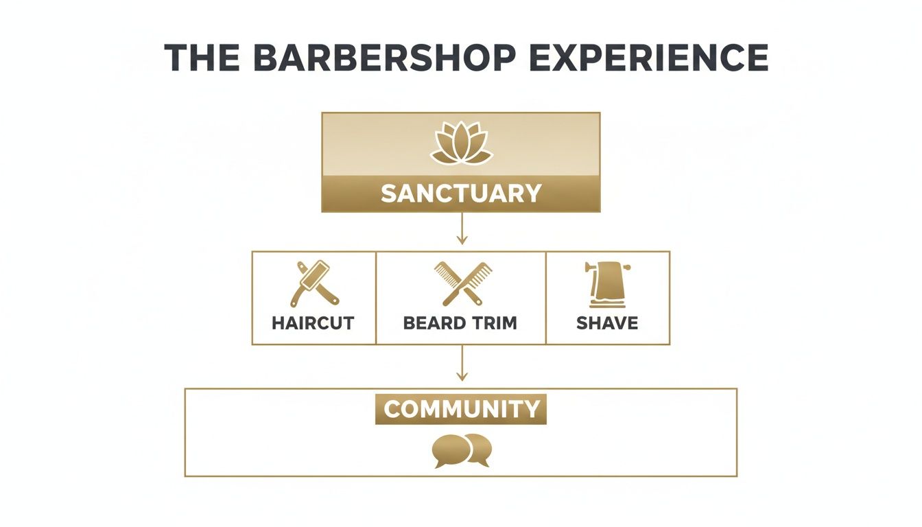 Flowchart illustrating the barbershop experience, starting with sanctuary, offering haircut, beard trim, shave, and fostering community.