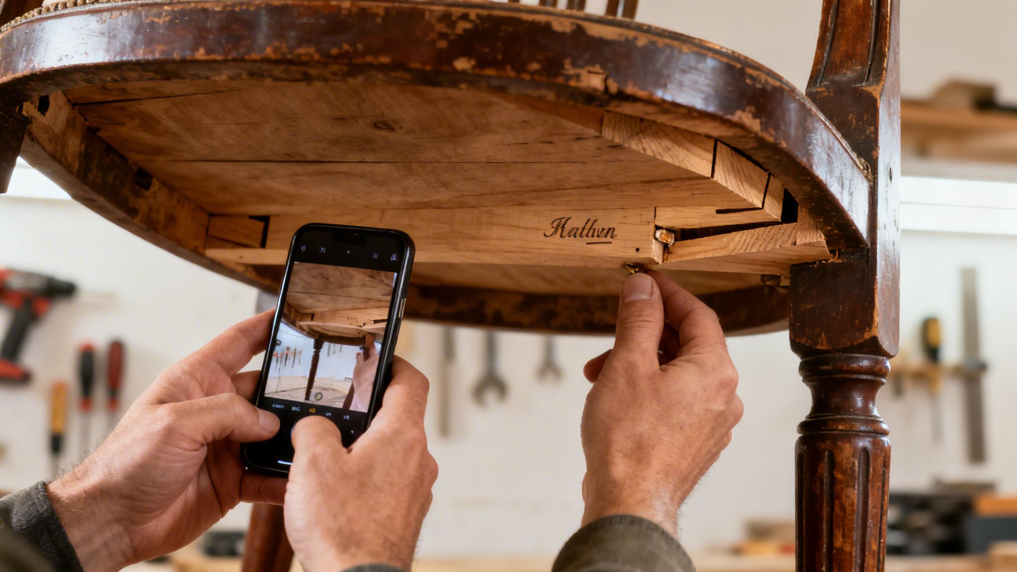 Hands inspecting and photographing the underside of an antique chair, highlighting restoration details and craftsmanship in a workshop setting.