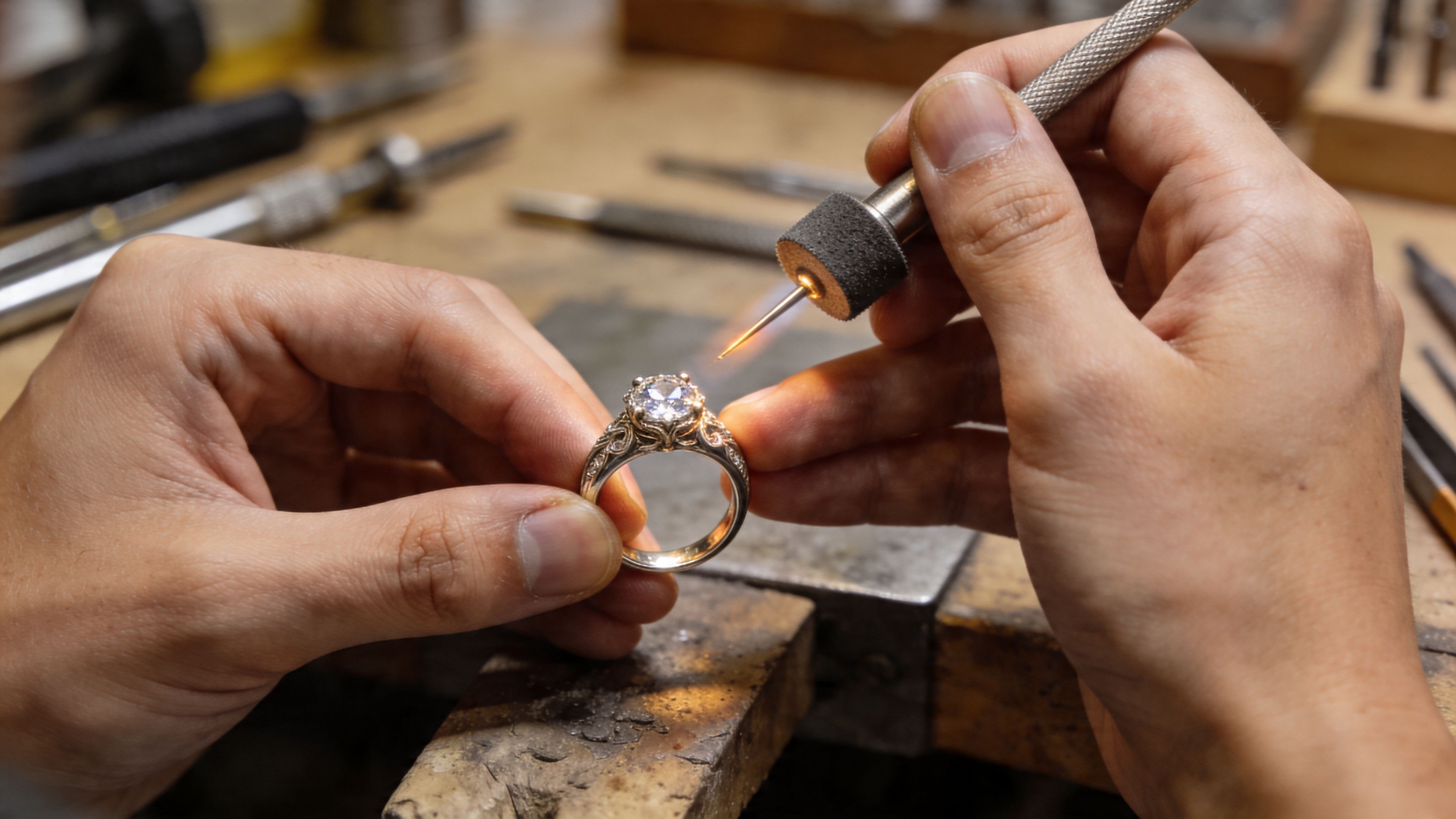 A close-up view of a jeweler's hands using a miniature torch to work on a diamond ring.