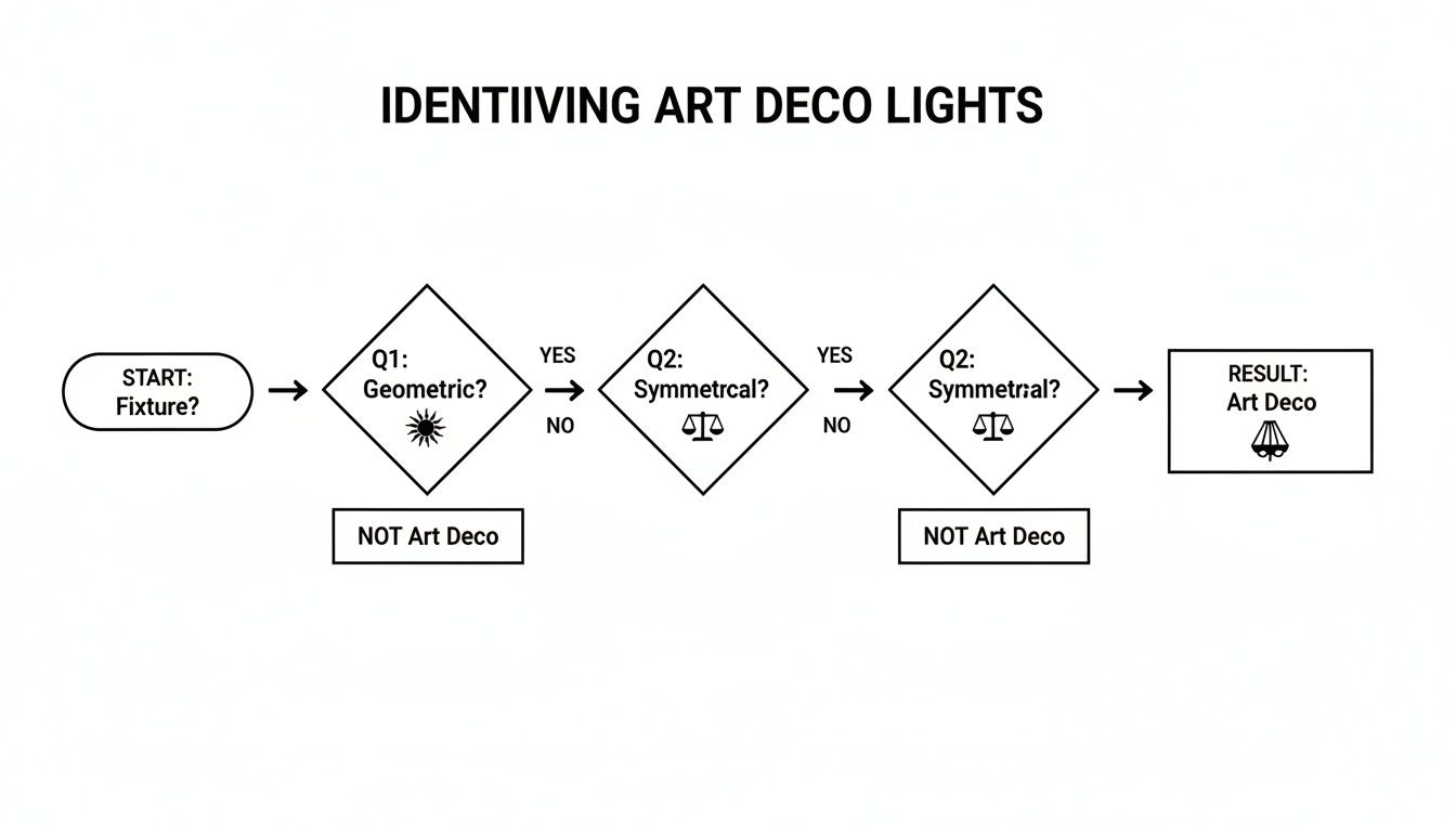 Flowchart diagram guiding the identification of Art Deco light fixtures based on geometric and symmetrical properties.