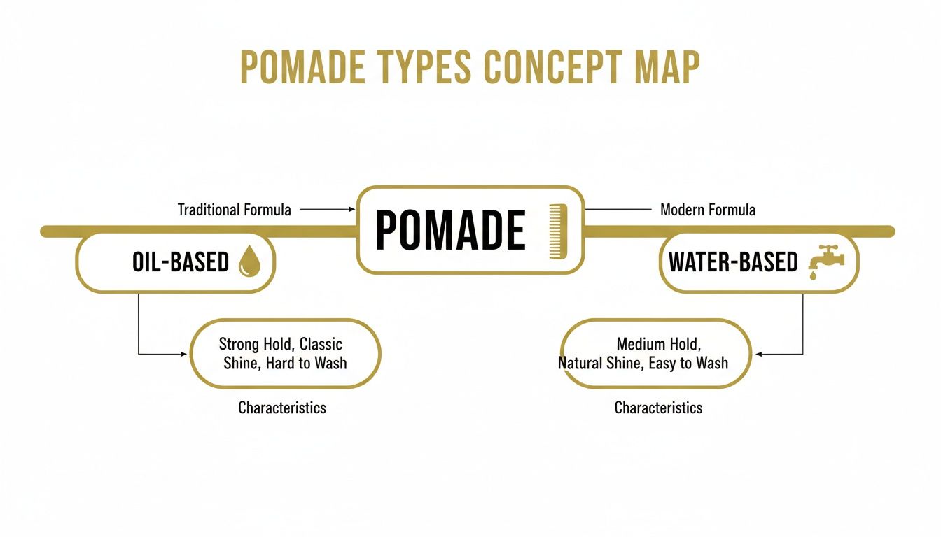 Concept map illustrating oil-based versus water-based pomade types, their formulas, and characteristics.