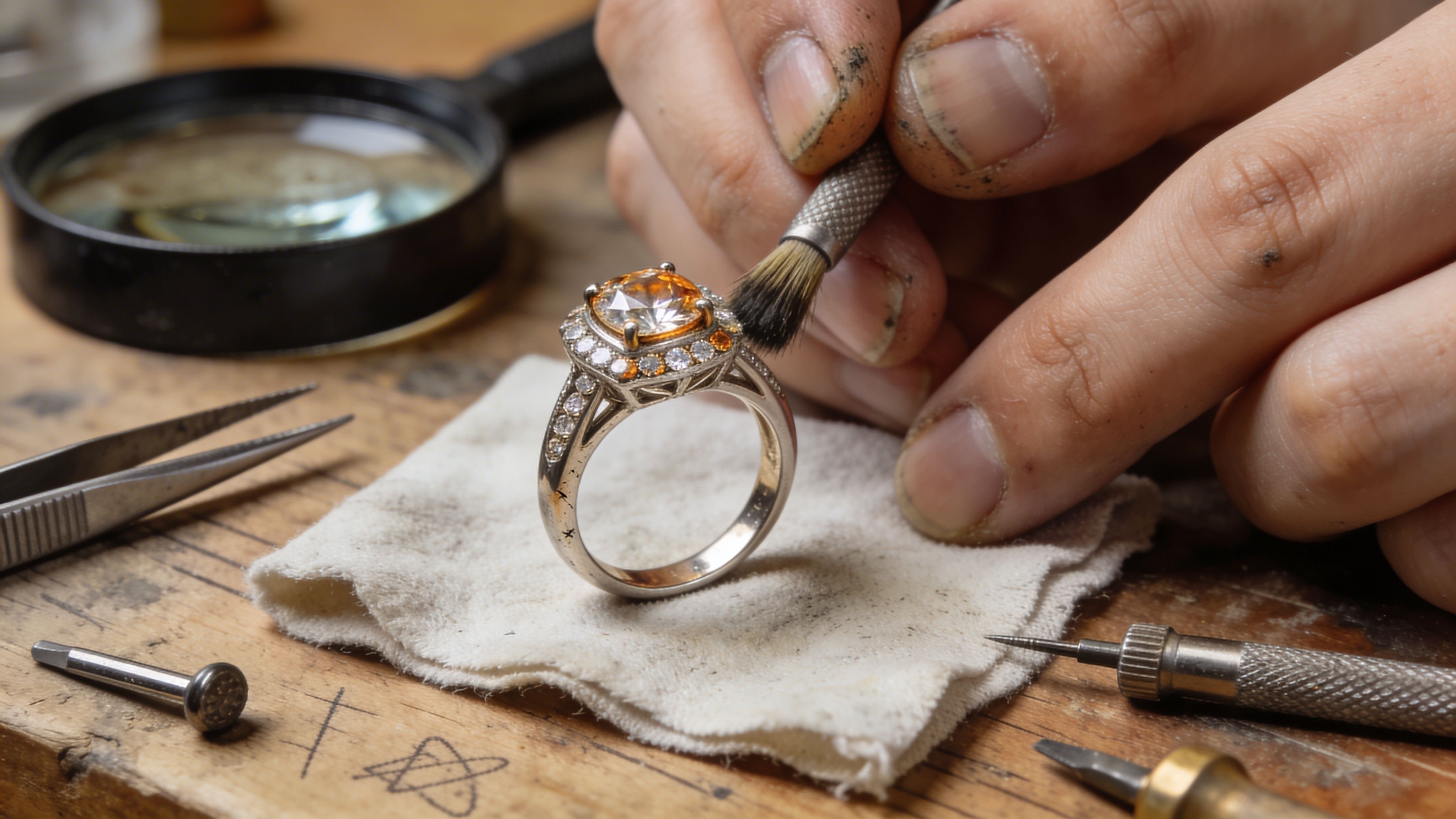 A close-up of a jeweler using a small brush to clean an intricate diamond and amber engagement ring