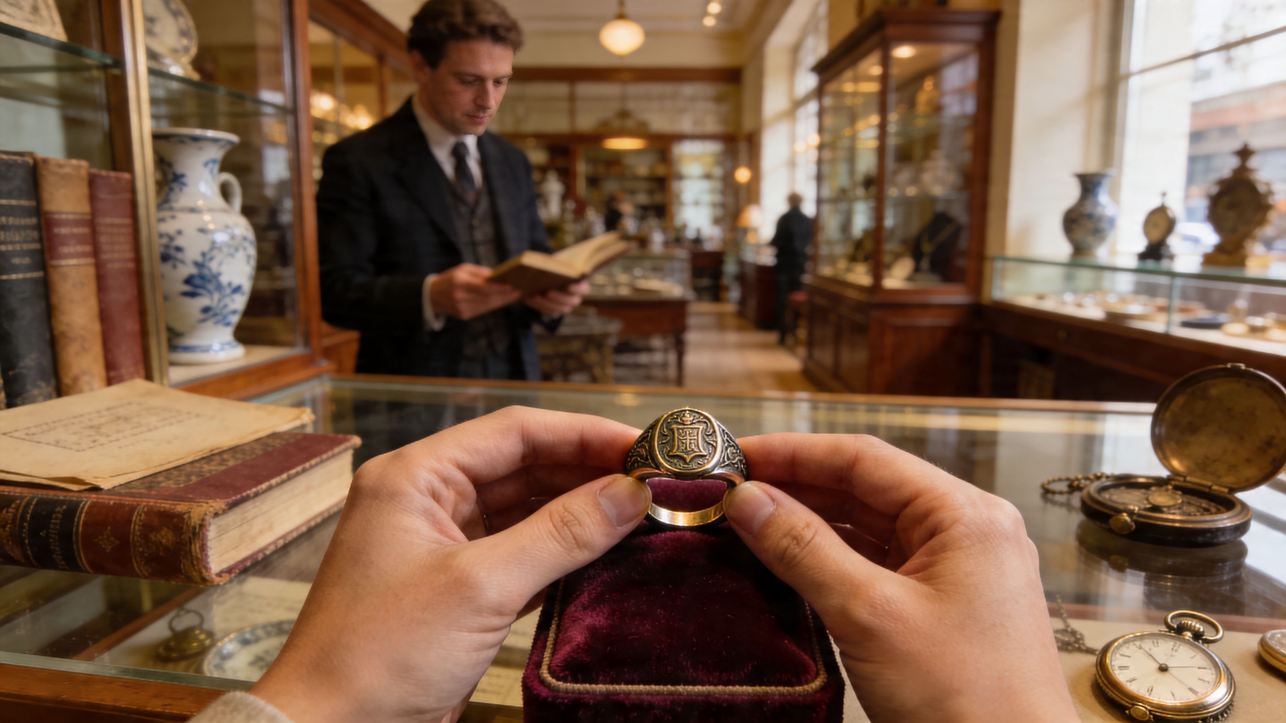A person holds a vintage gold signet ring featuring a heraldic crest in an antique shop setting.