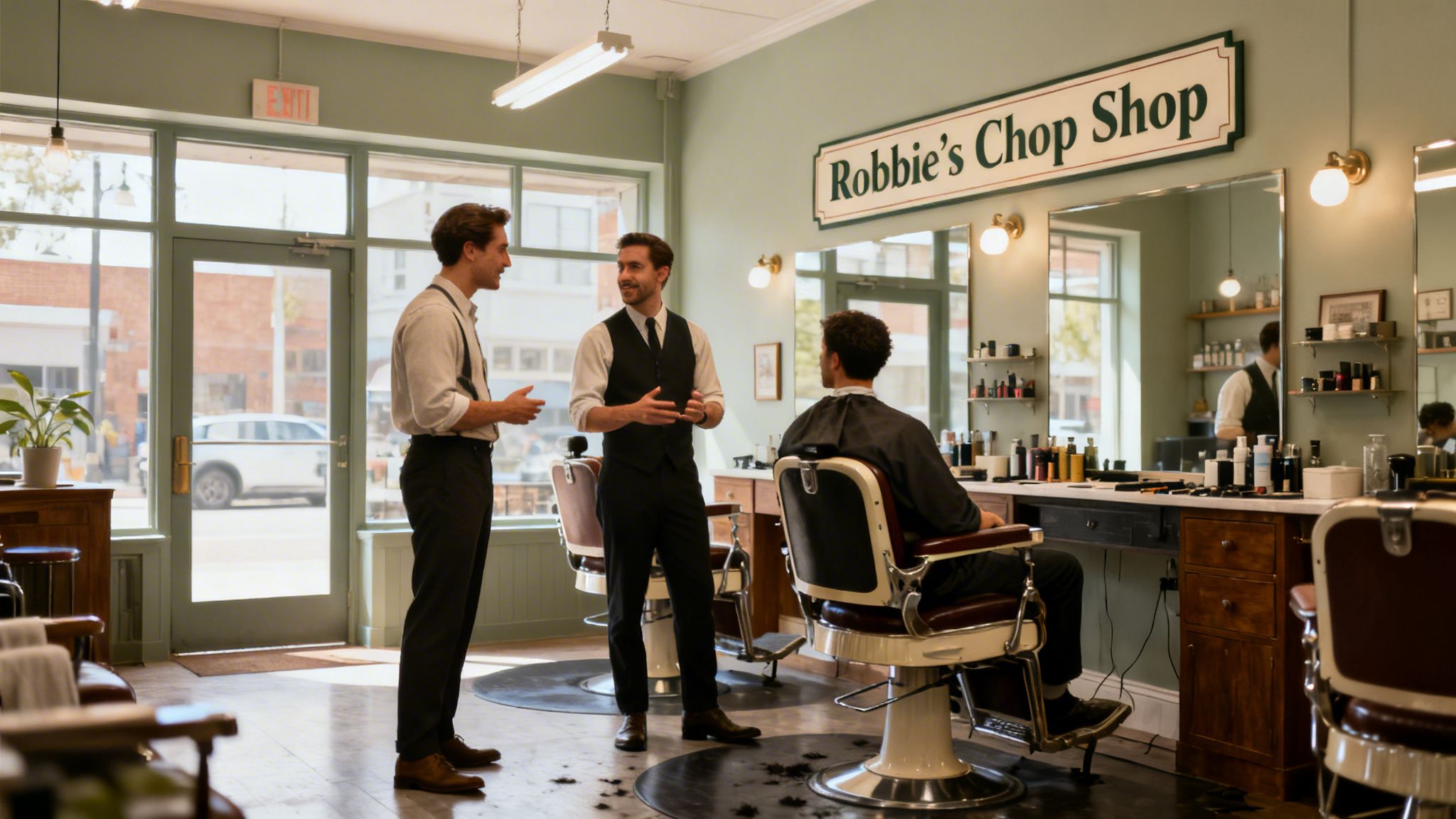 Two barbers chat in Robbie's Chop Shop while a customer sits, ready for a haircut.