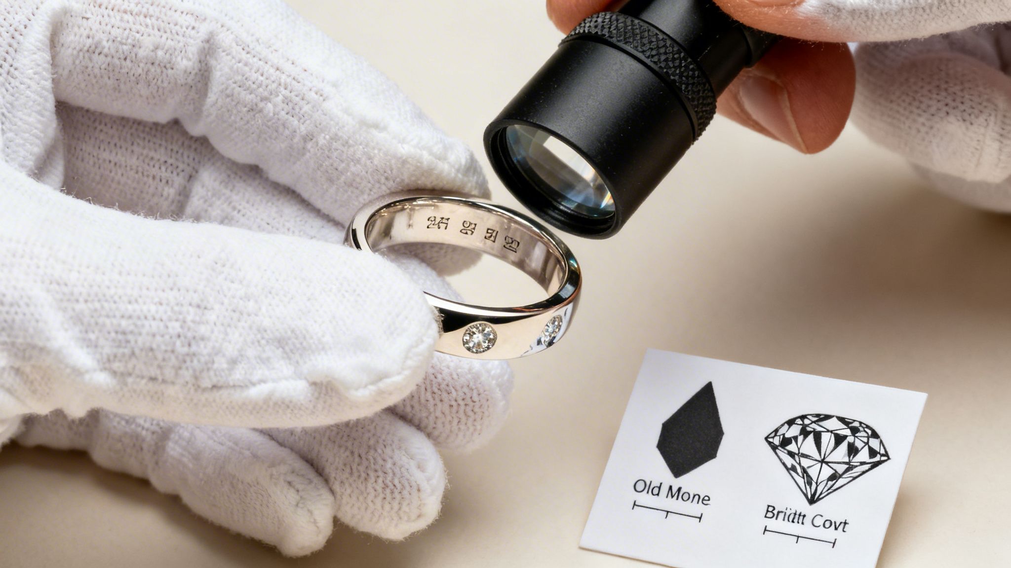 Jeweler in white gloves examining an inscribed diamond ring with a magnifying glass and diamond cut guide.