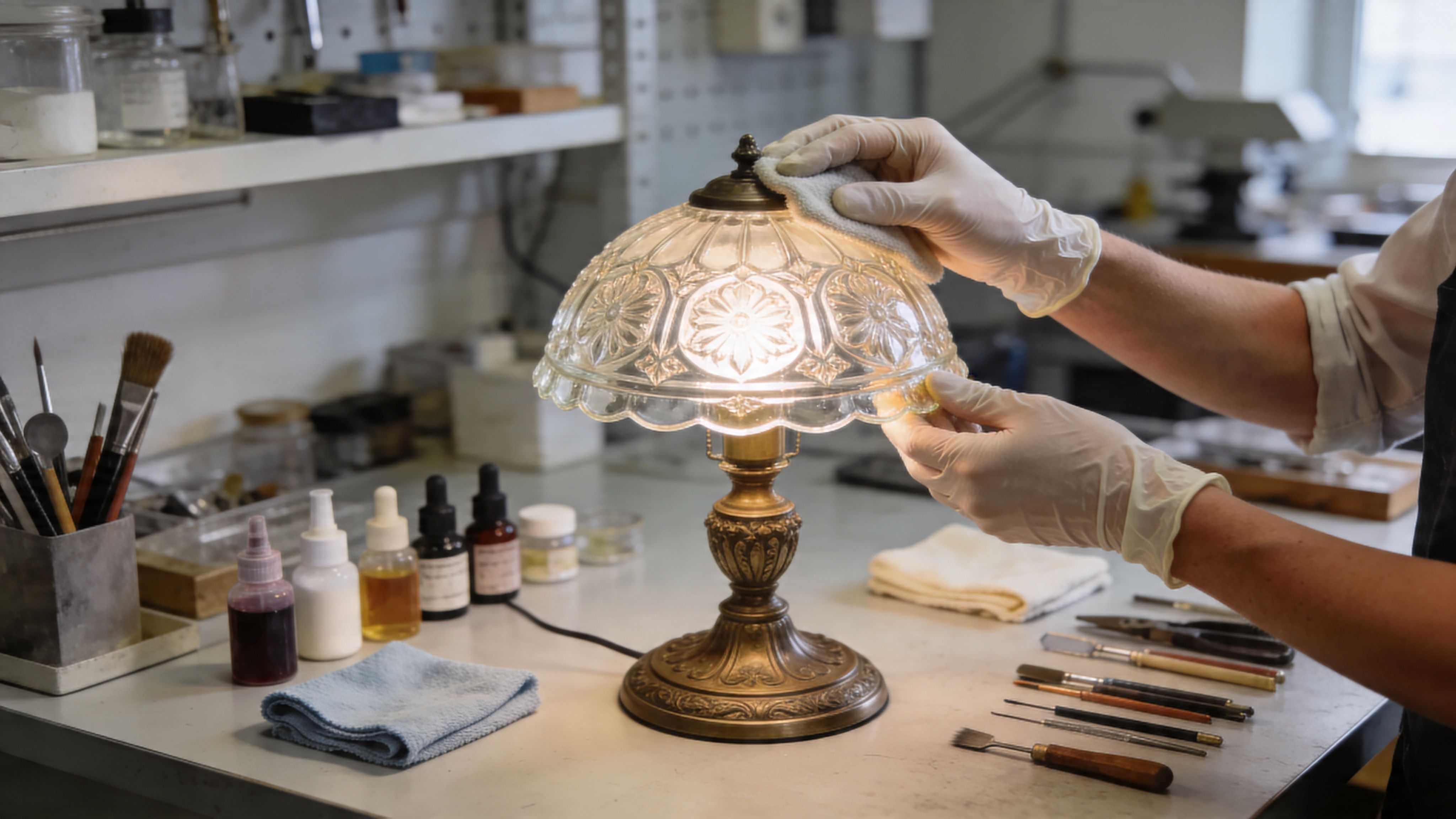A professional conservator in white gloves cleans a decorative vintage glass table lamp in a workshop.