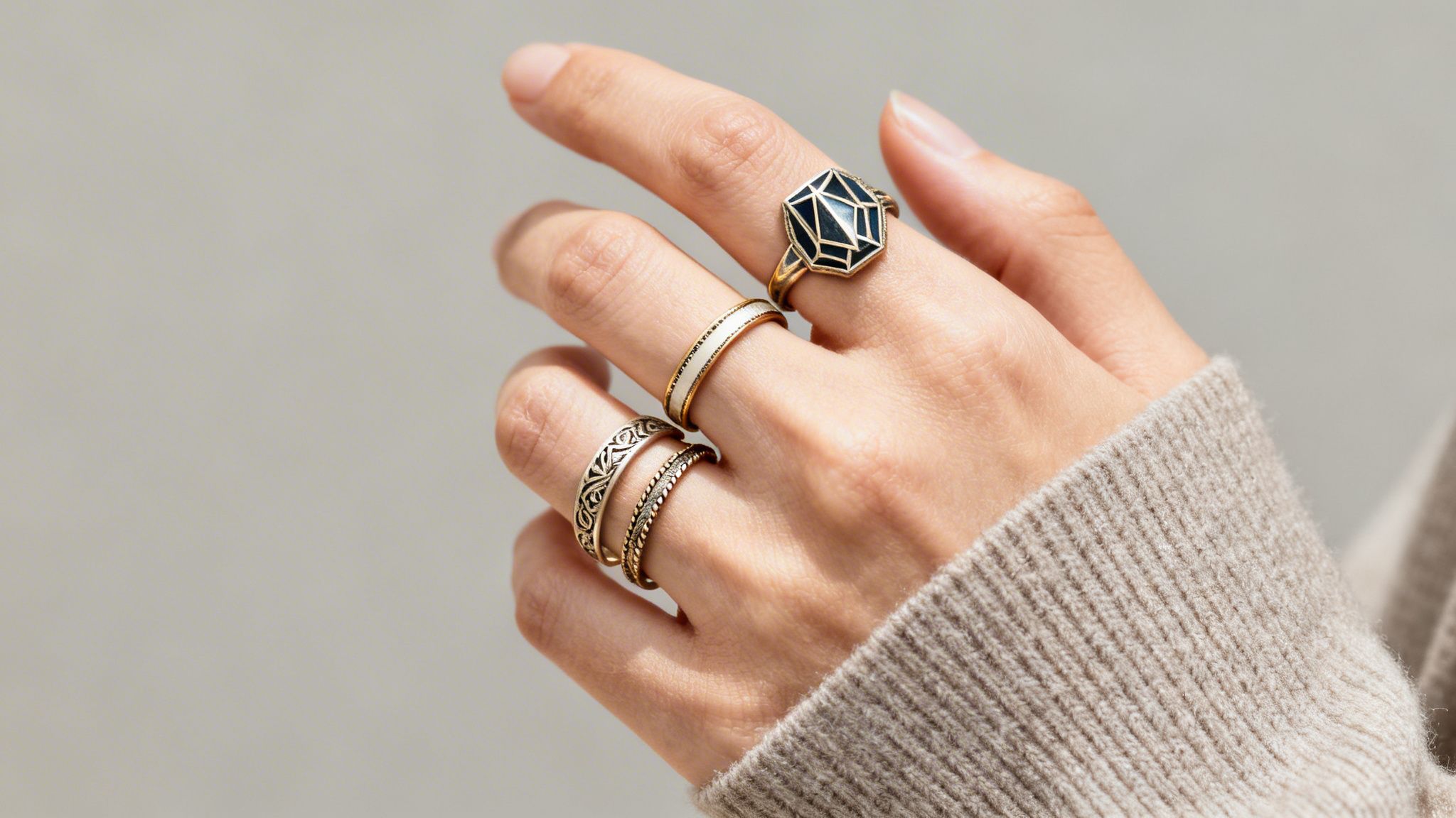 Close-up of a hand showcasing multiple antique gold rings, one featuring a black geometric design.