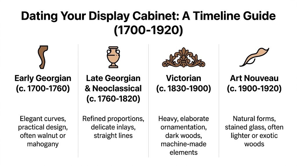 A timeline infographic detailing the historical design periods of display cabinets from 1700 to 1920.