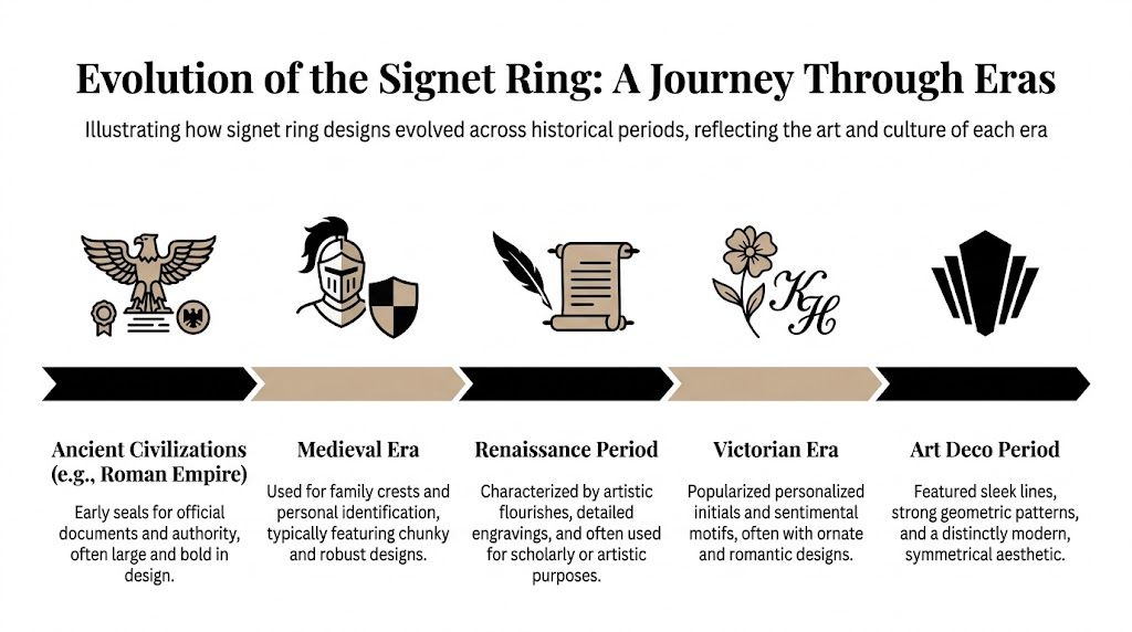 A timeline graphic illustrating the evolution of signet ring designs through five major historical eras.