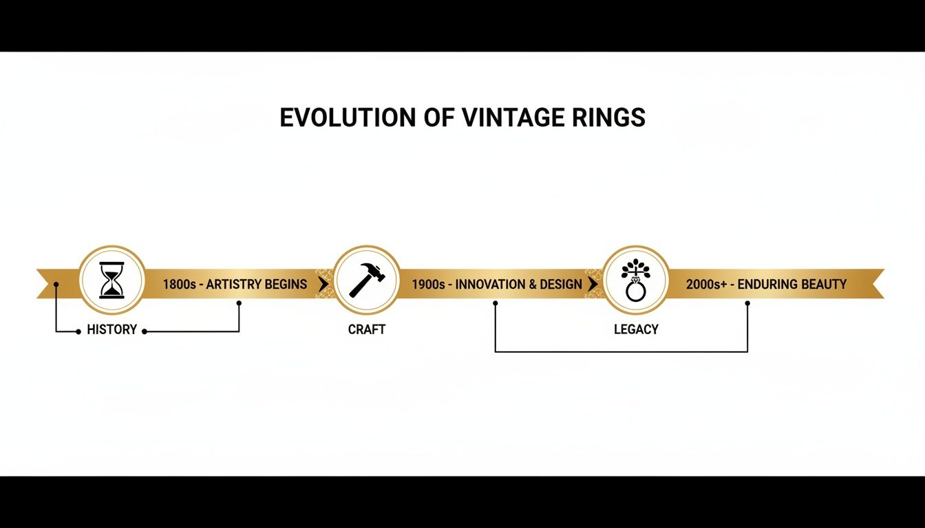 A timeline illustrating the evolution of vintage rings from artistry beginnings to enduring beauty.