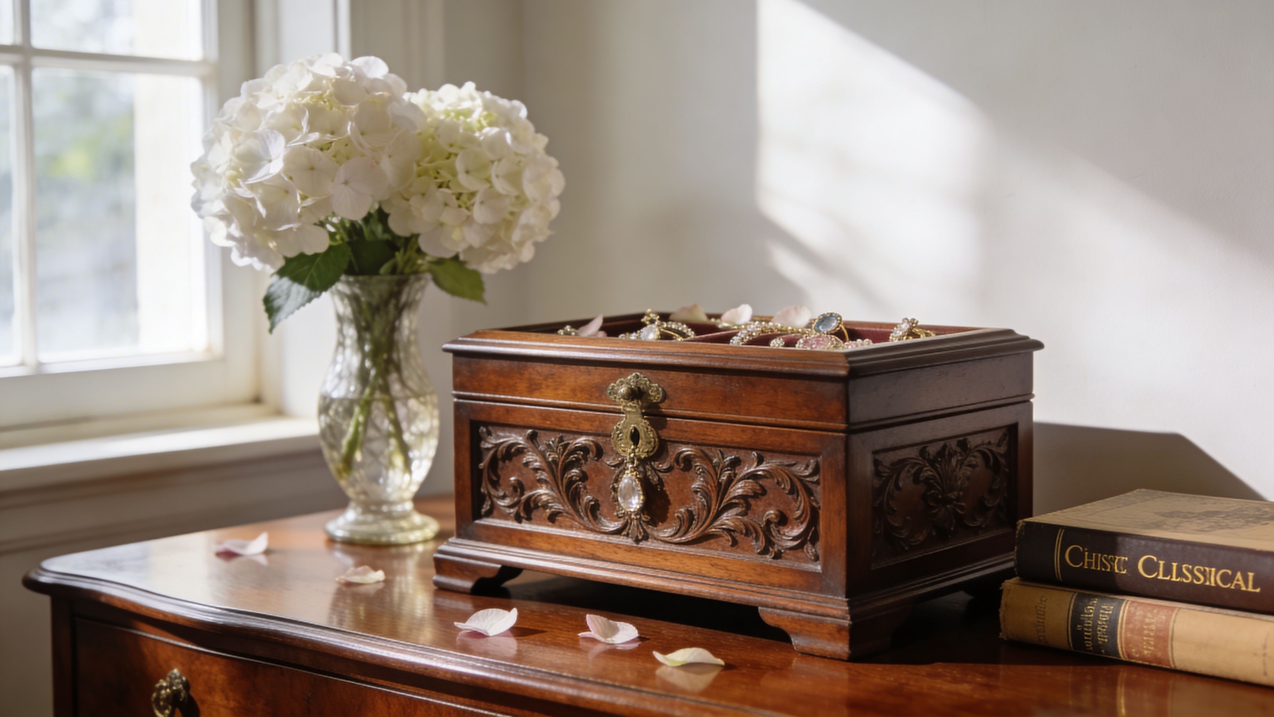 An ornate antique wooden jewelry box with carved details sitting on a desk near a flower vase.