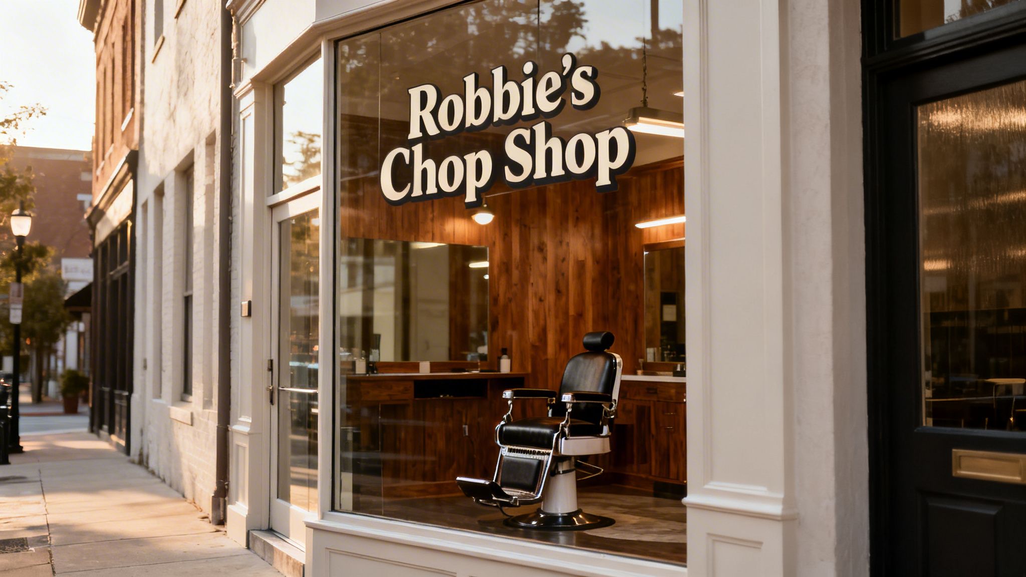 A sunny exterior view of Robbie's Chop Shop, a barber shop, with a black barber chair visible through the window.