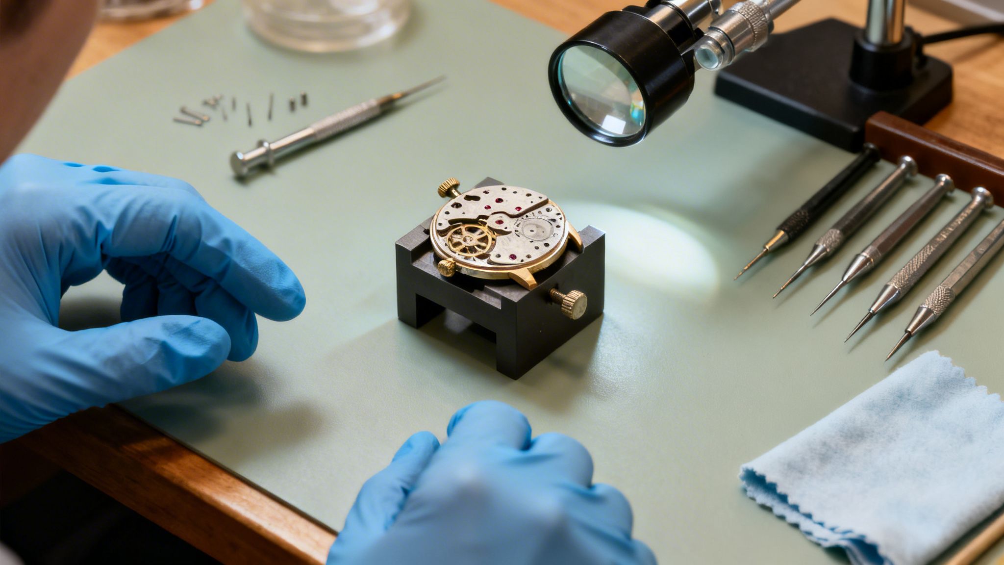 A watchmaker in blue gloves meticulously assembling a vintage watch movement under a magnifying glass.
