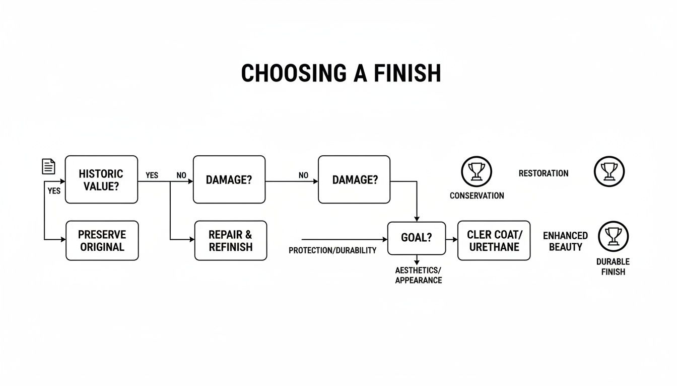 Decision flowchart guiding the selection of a finish for antiques, considering historic value, damage, and goals.
